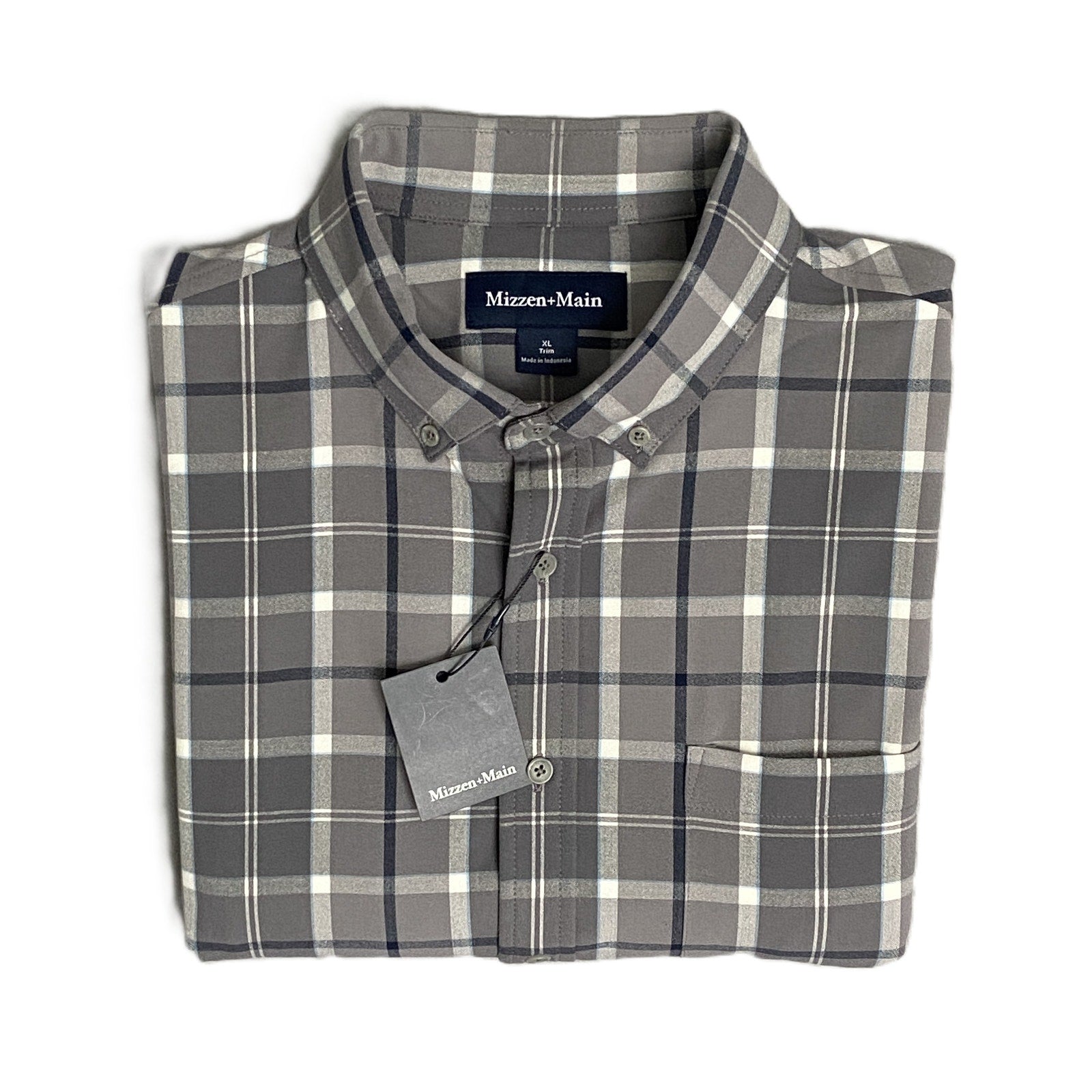 Mizzen+Main Men's XXL Trim Fit City Flannel Dress Shirt Pewter Timothy Plaid