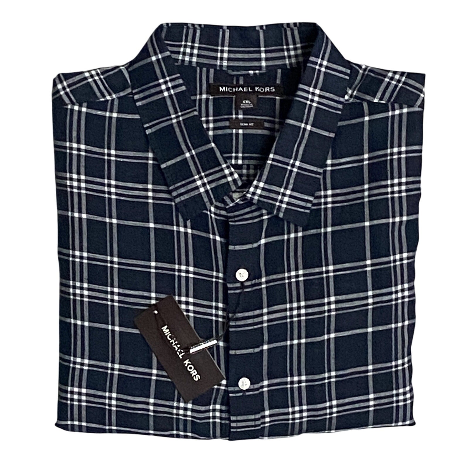 Michael Kors Men's XXL Slim Fit Short Sleeve Shirt Linen Dark Blue Check