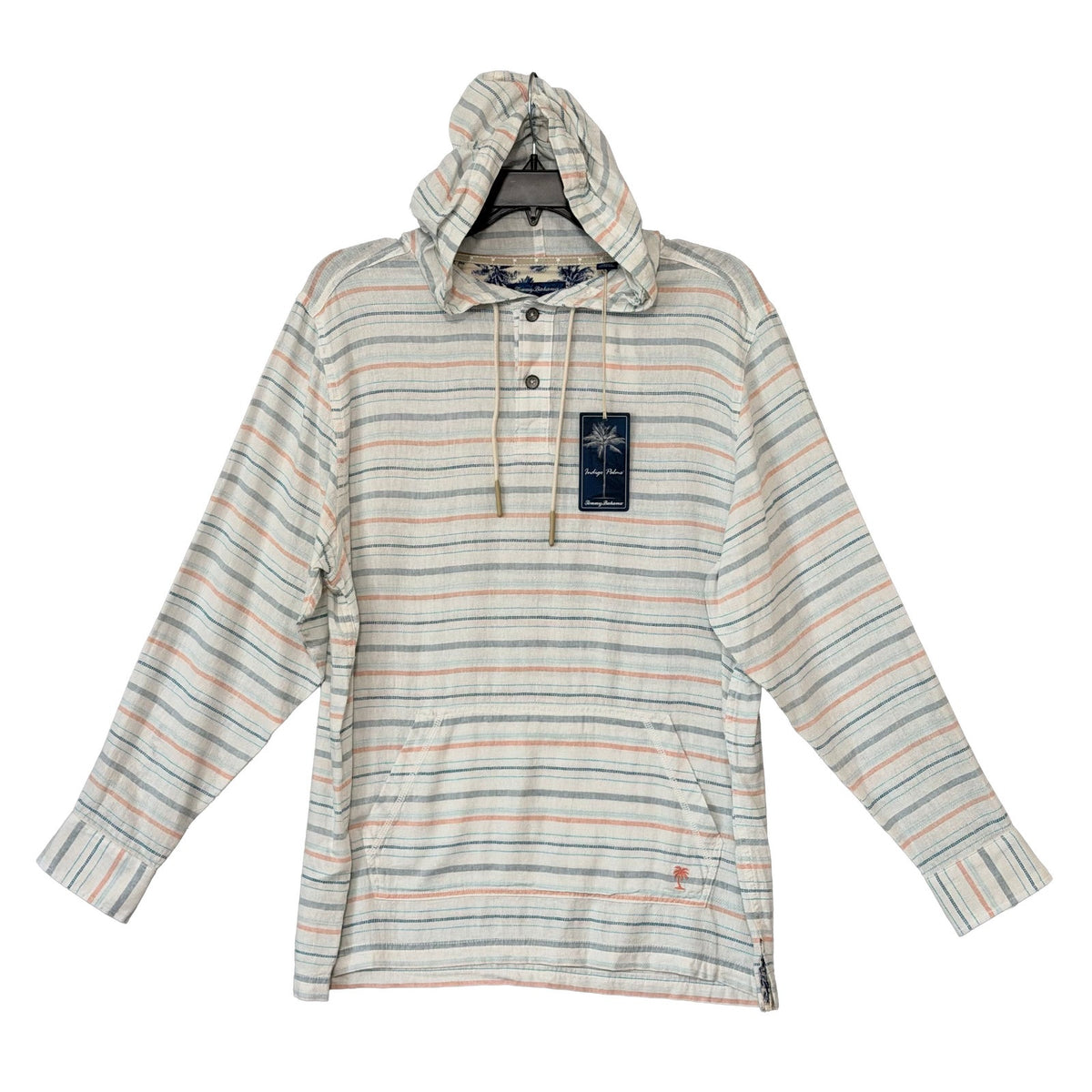 Tommy Bahama Shirt Men's Large Castelo Baja Linen Multicolor Stripe Hooded