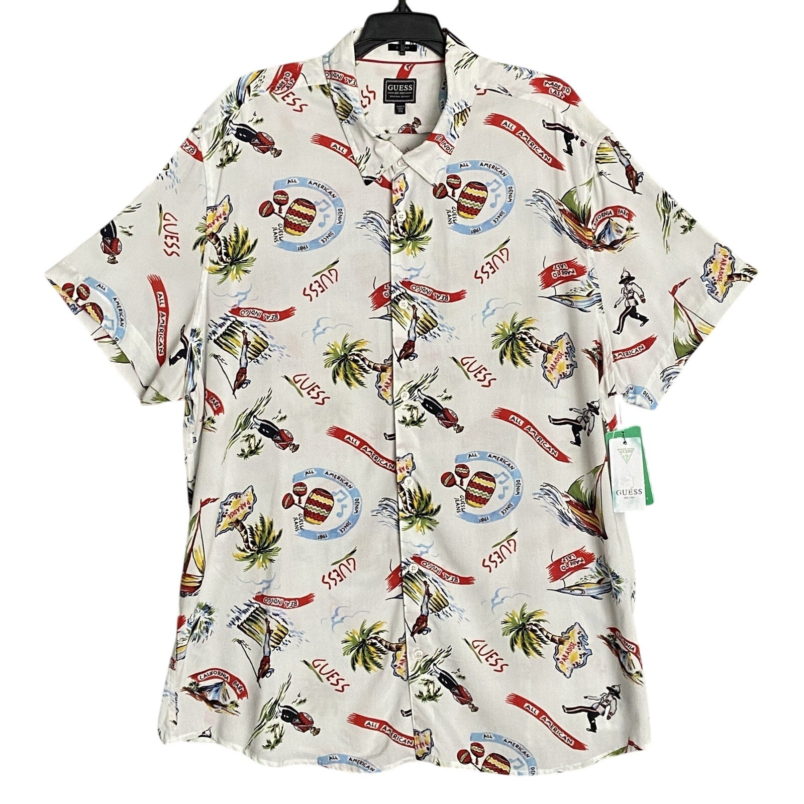 Guess Shirt Men's XXL Short Sleeve Button-Up Shirt Slim Fit Novelty Print