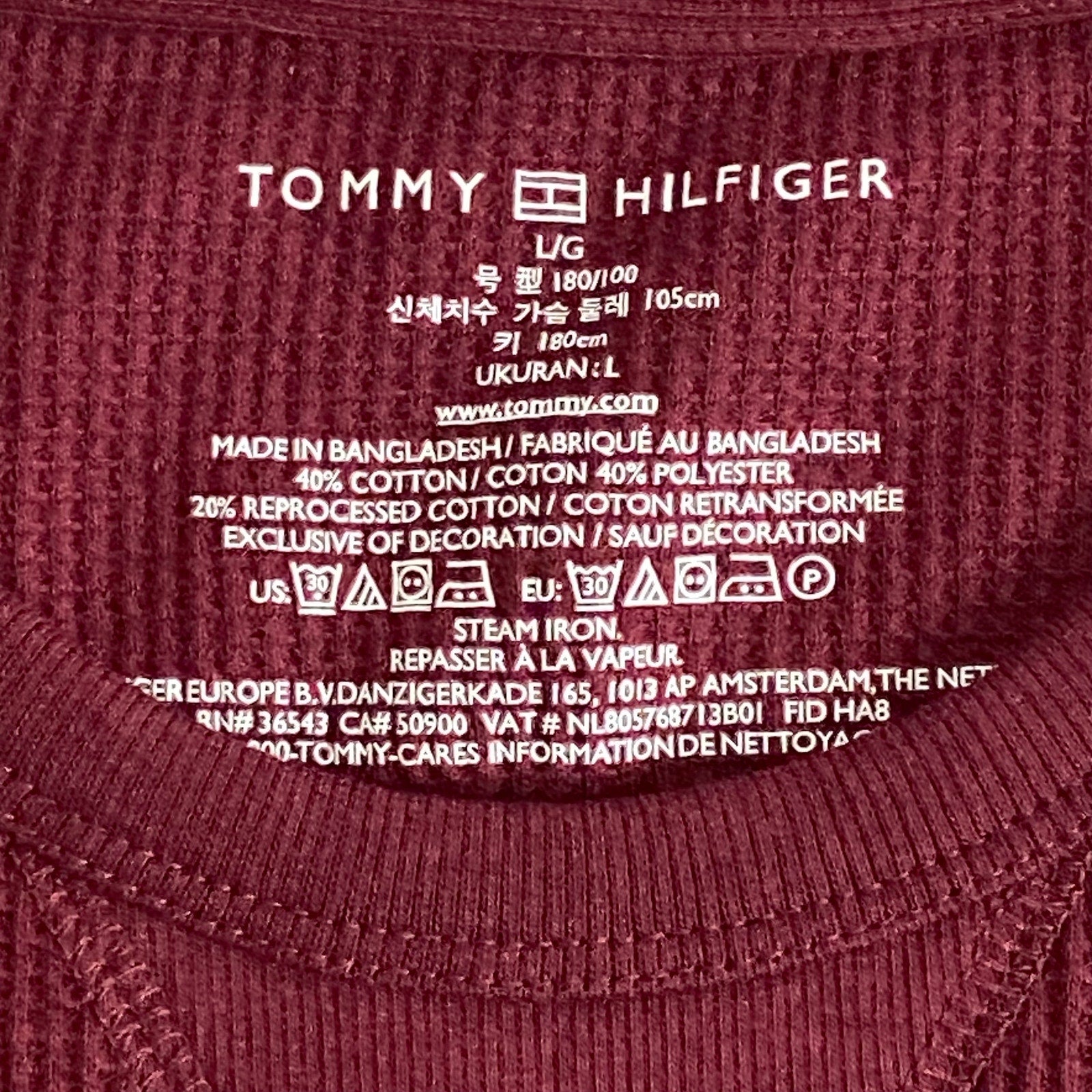 Tommy Hilfiger Tee Men's Large Long Sleeve Waffle-Knit Crew Neck Maroon NEW