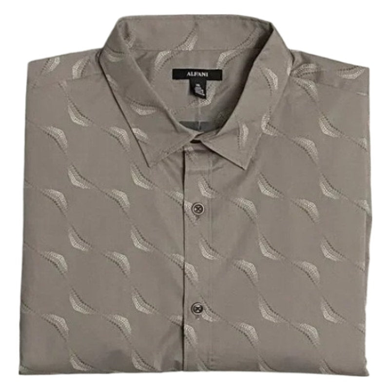 Alfani Dress Shirt Men's Medium Button-Up Long Sleeve Cotton Taupe Geo Print
