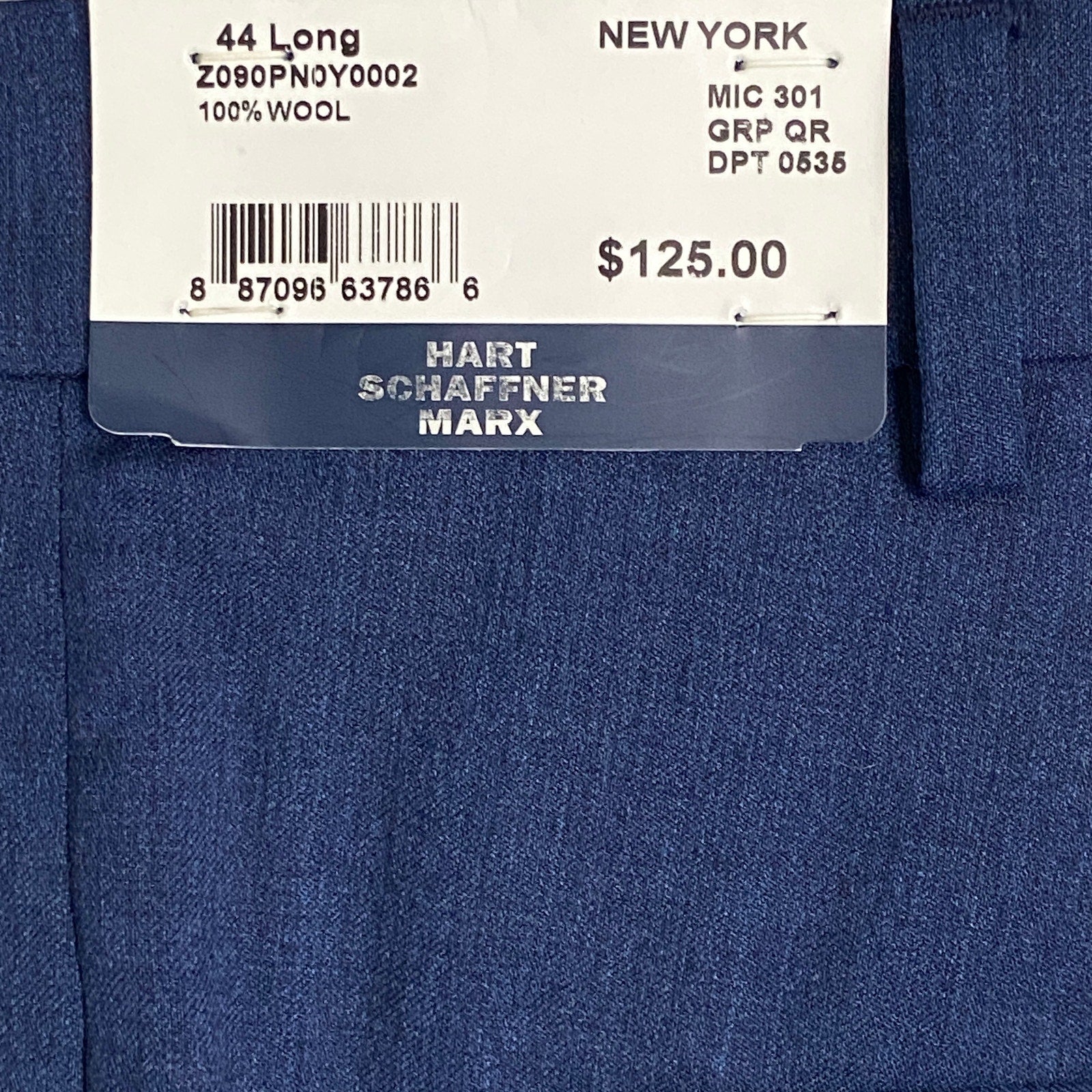 Hart Schaffner Marx Traveler Men's 44 Long Dress Pant New York Fit Wool Blue