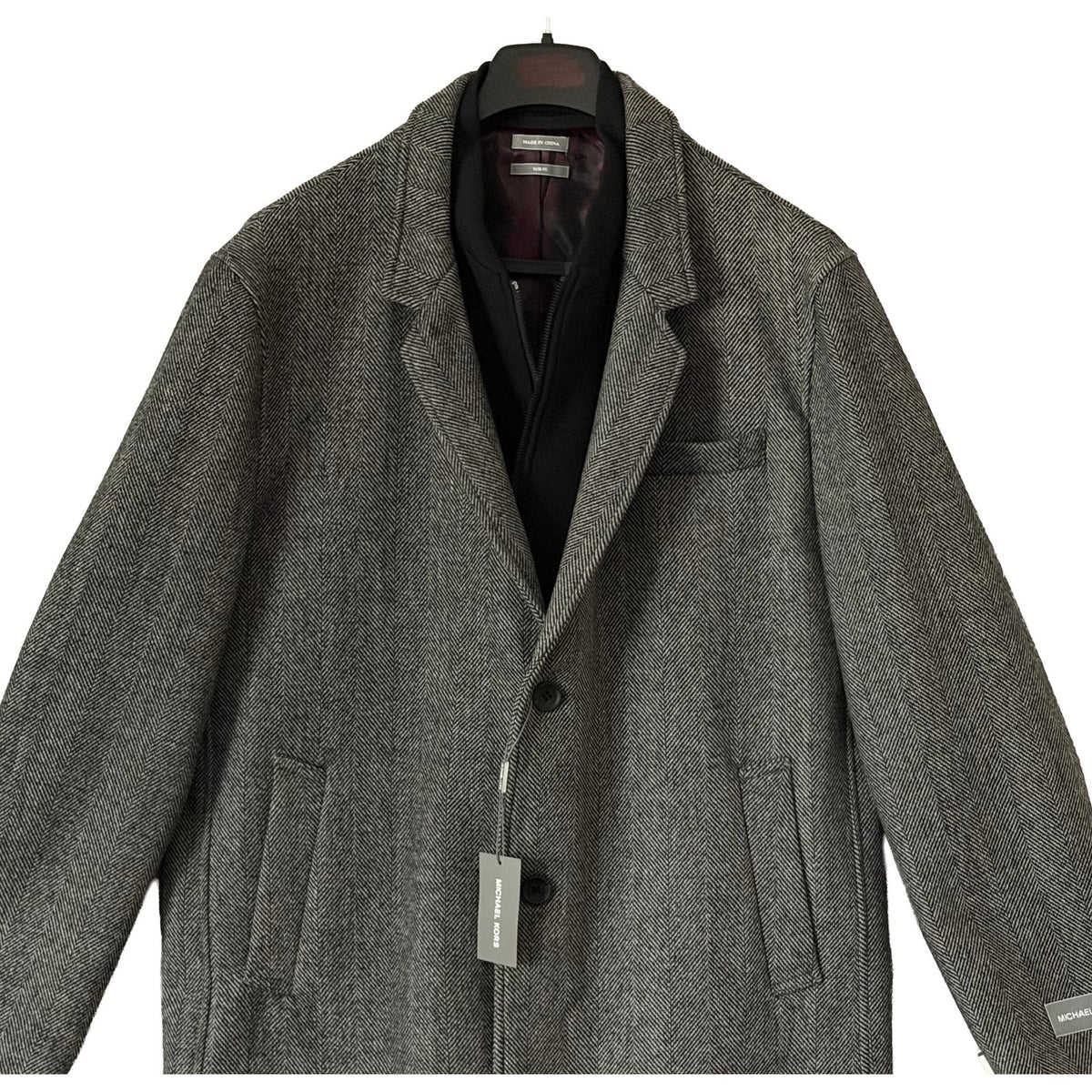 Michael Kors Overcoat Men's 46R Pike Slim Fit Coat Wool Black White Herringbone