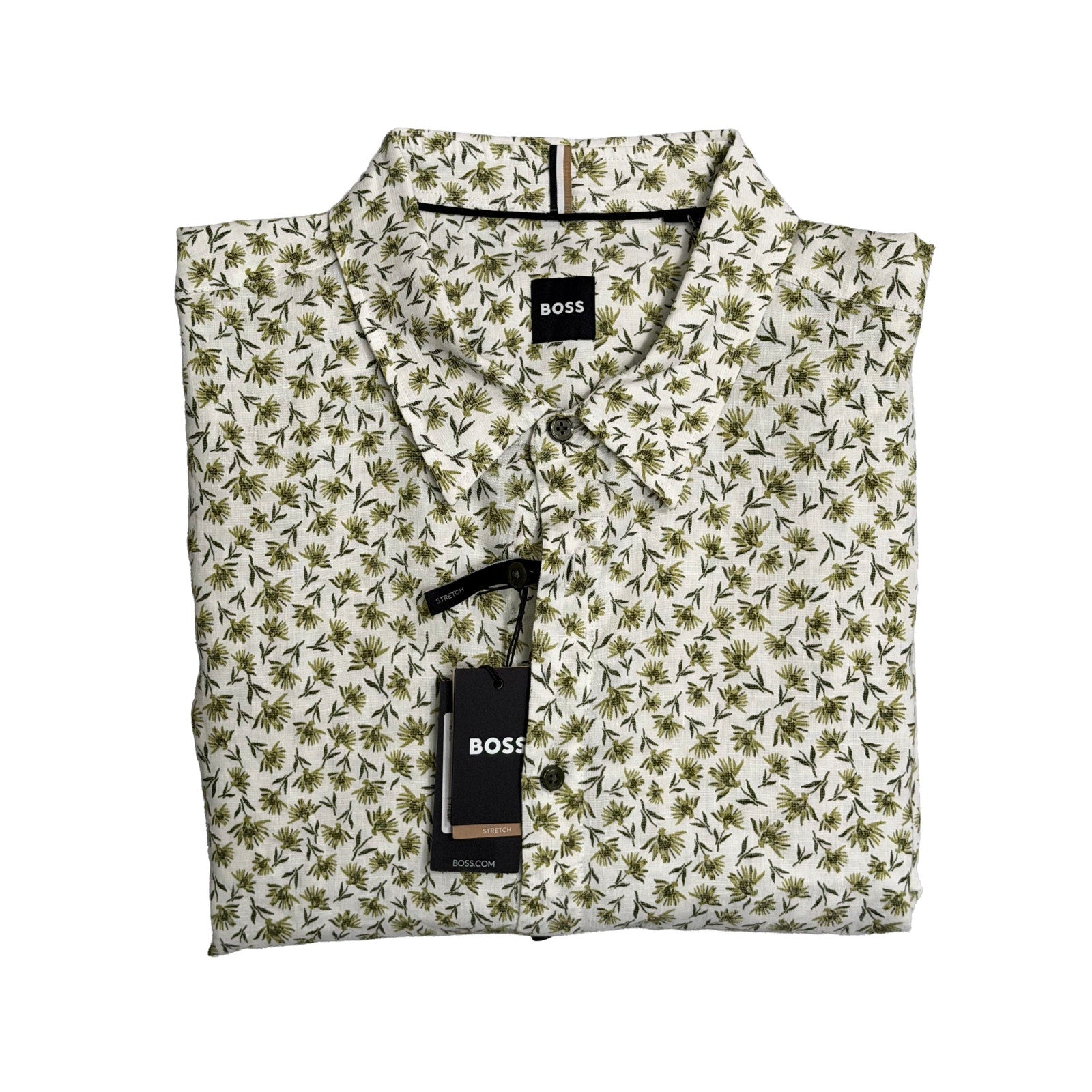 Boss Shirt Men's 3XL Big & Tall Short Slv Stretch Linen Shirt Green Floral