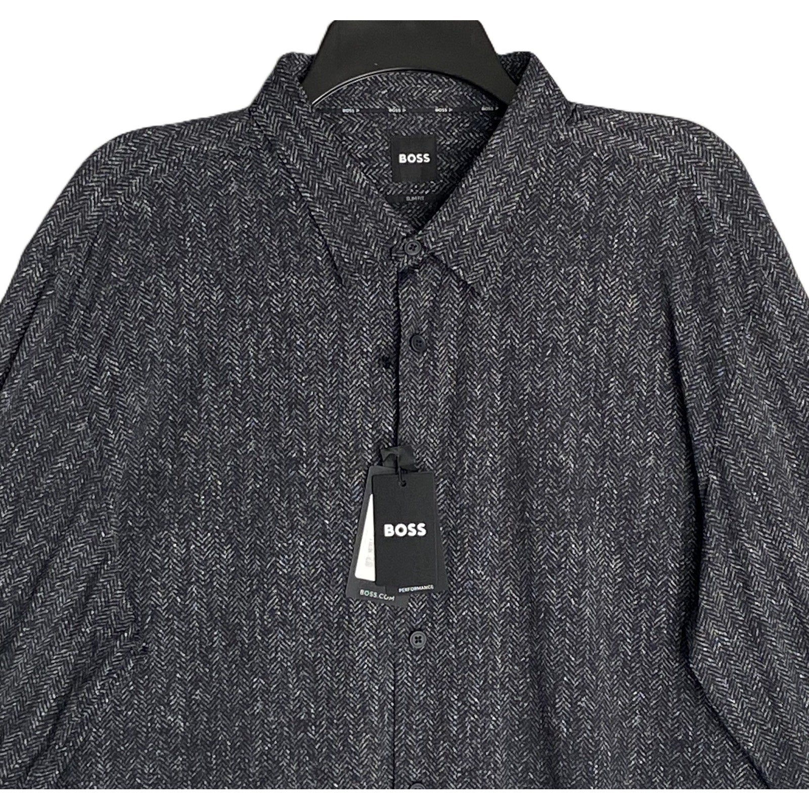 Boss Performance Shirt Men's XXL Slim Fit Long Slv Black/White Herringbone