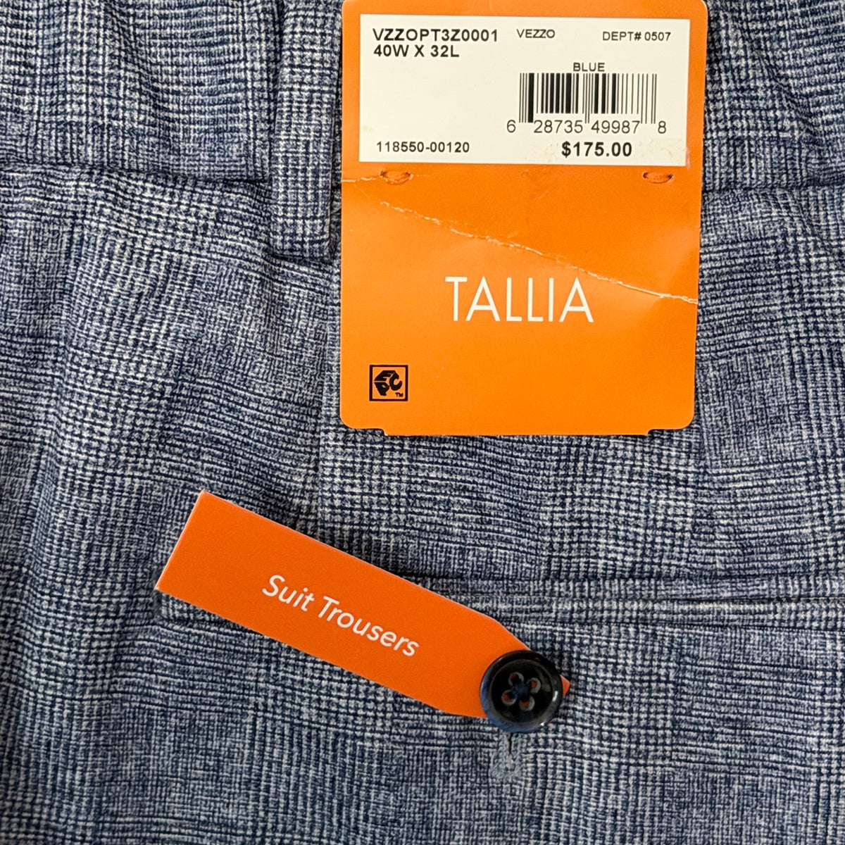 Tallia Orange Vezzo Suit Pant Men's 40"x32" Flat Front Stretch Blue Plaid