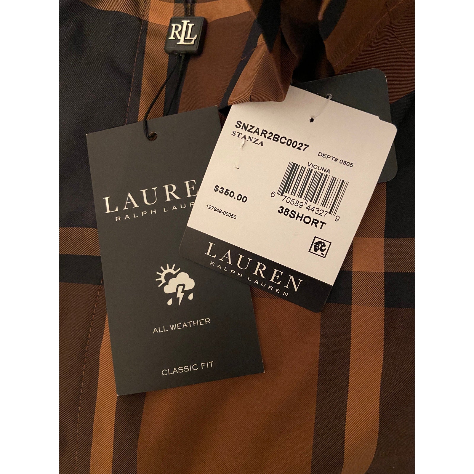 Lauren Ralph Lauren Men's 38 Short Raincoat Stanza Brown Check