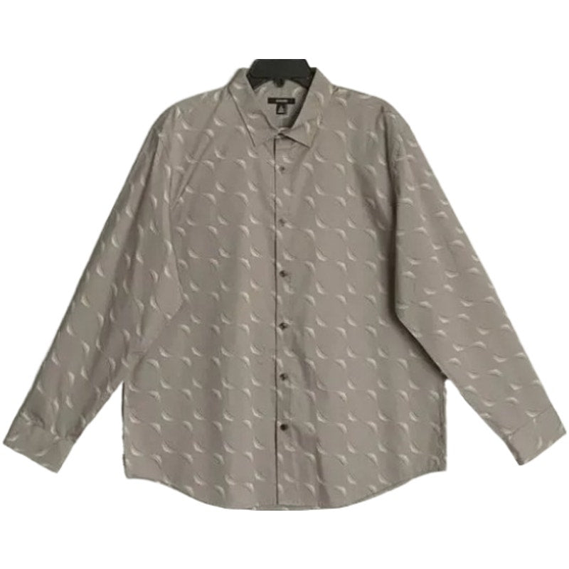 Alfani Dress Shirt Men's Medium Button-Up Long Sleeve Cotton Taupe Geo Print