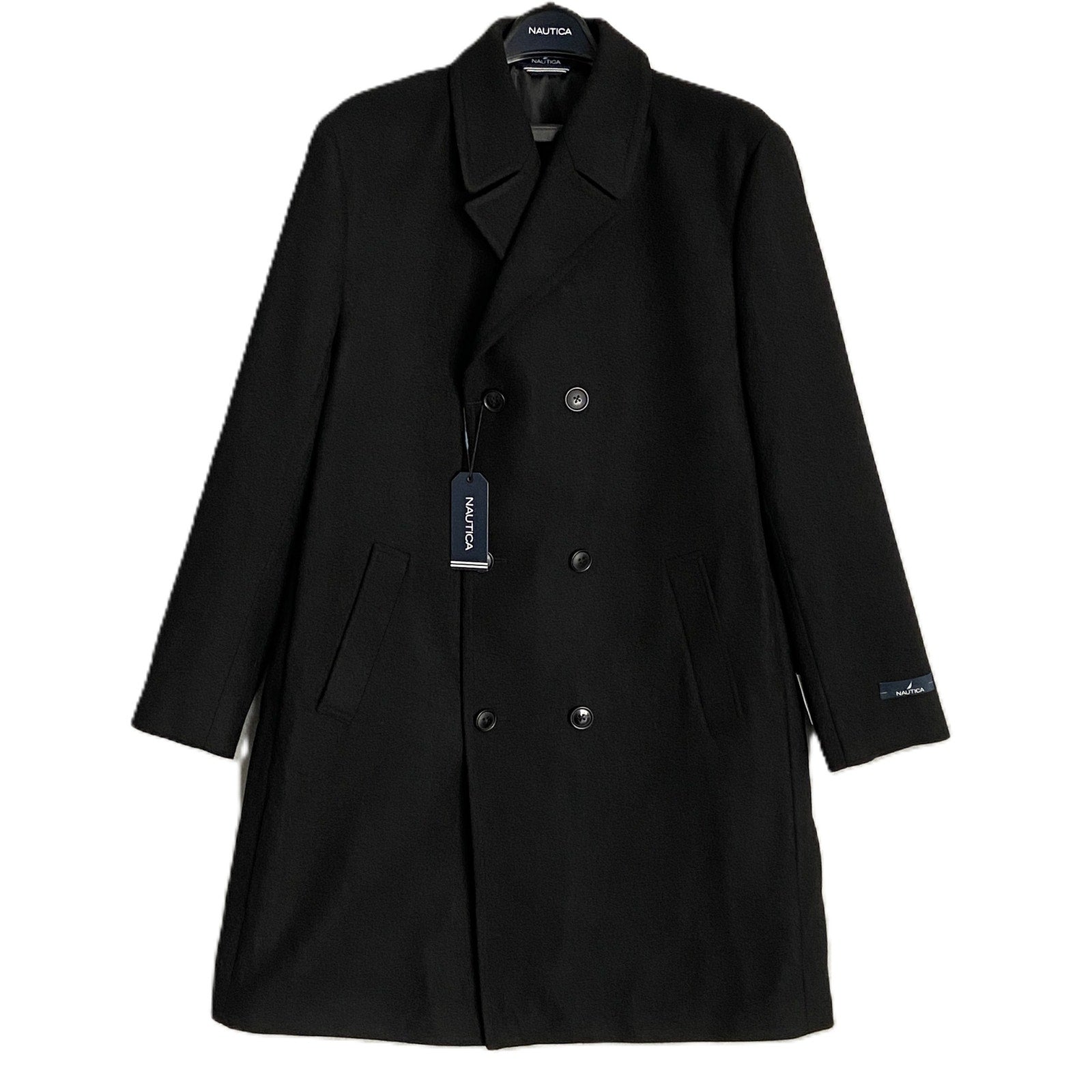 Nautica Overcoat Men's 48 Long Double-Breasted Coat Wool Blend Lined Black