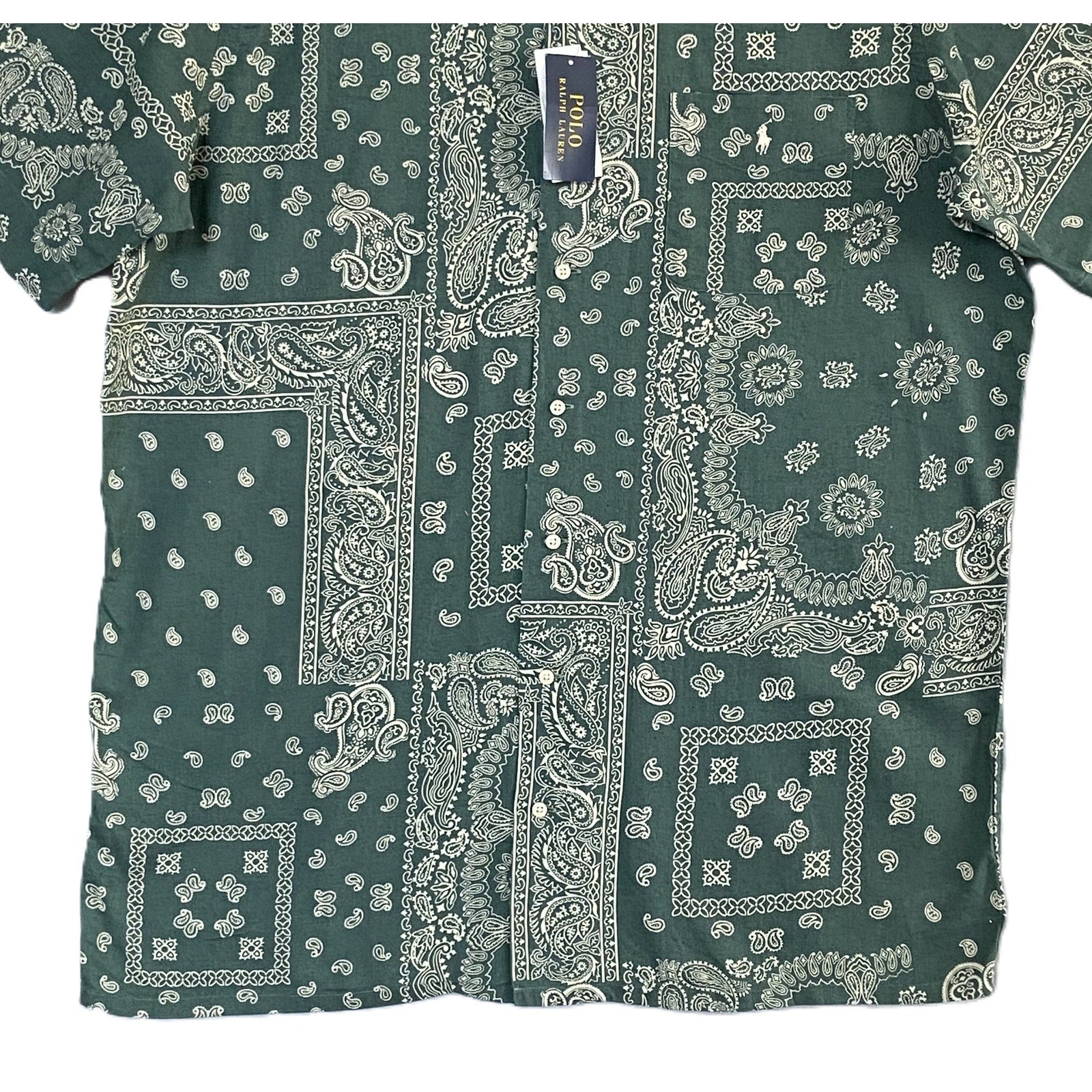 Polo Ralph Lauren Shirt Men's XLT Bandana Print Camp Shirt Linen Blend Green