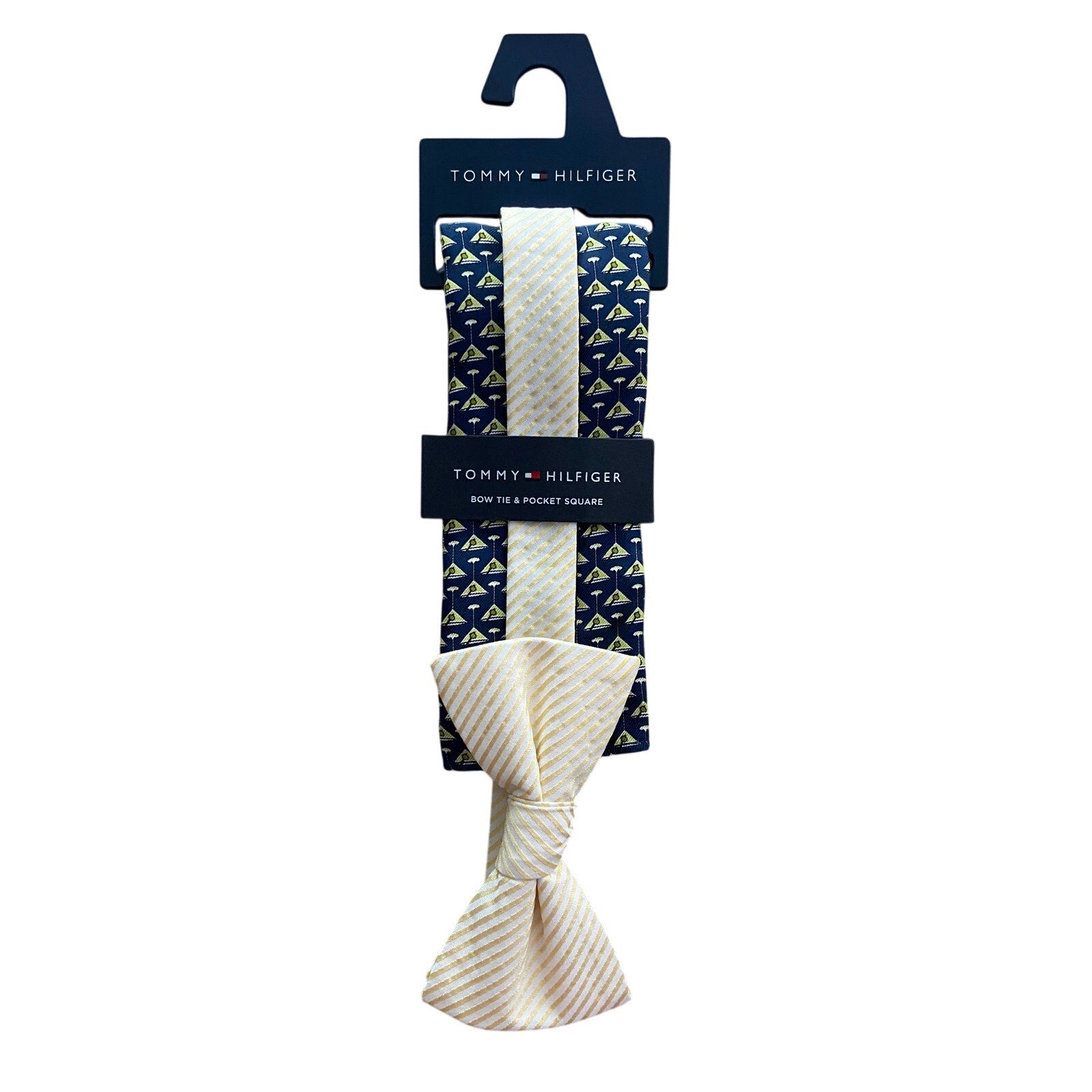 Tommy Hilfiger Tie Men's Bow Tie & Pocket Square Navy & Yellow Martini Print