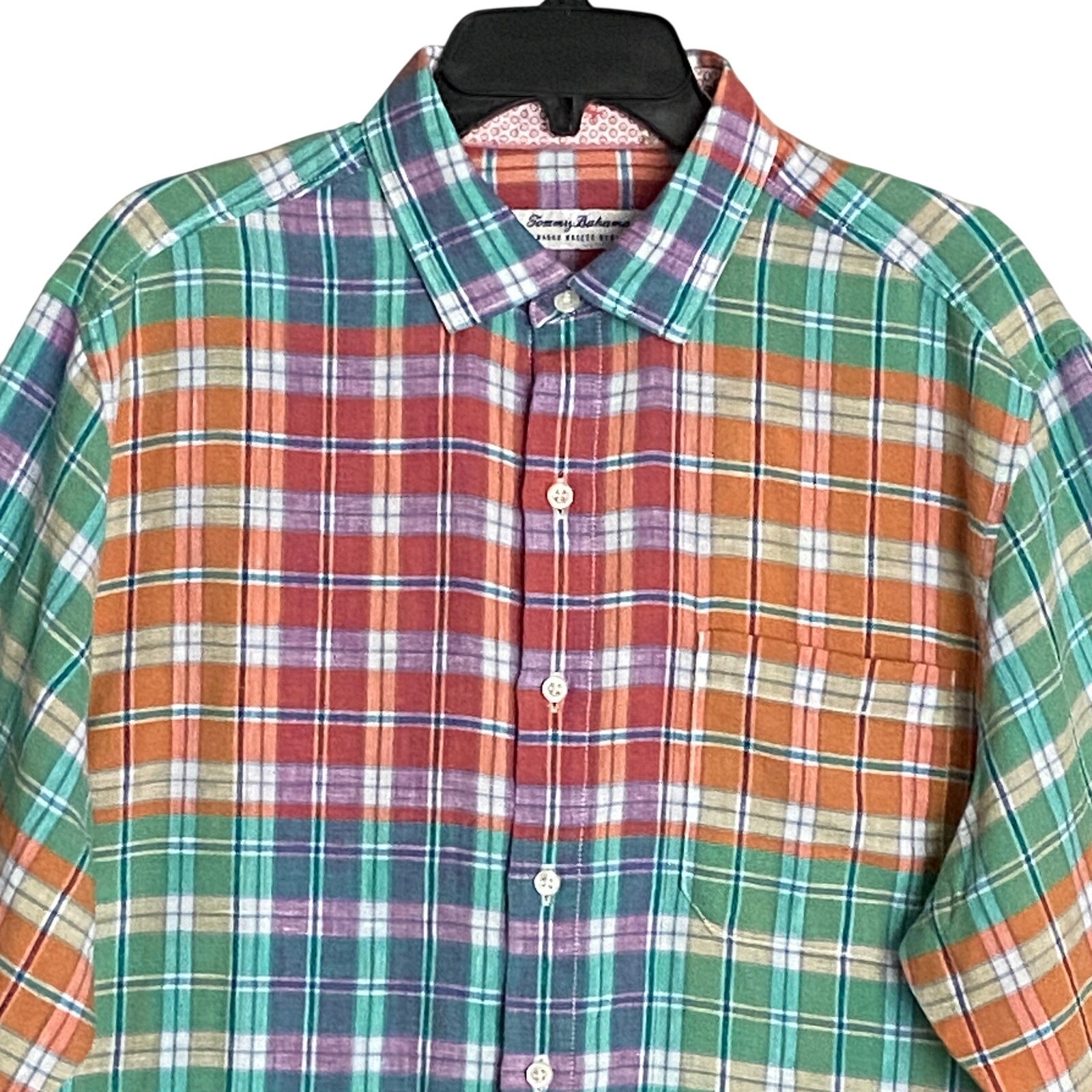 Tommy Bahama Shirt Men's Medium "Barbados Breeze Stretch" Plaid Linen Blend