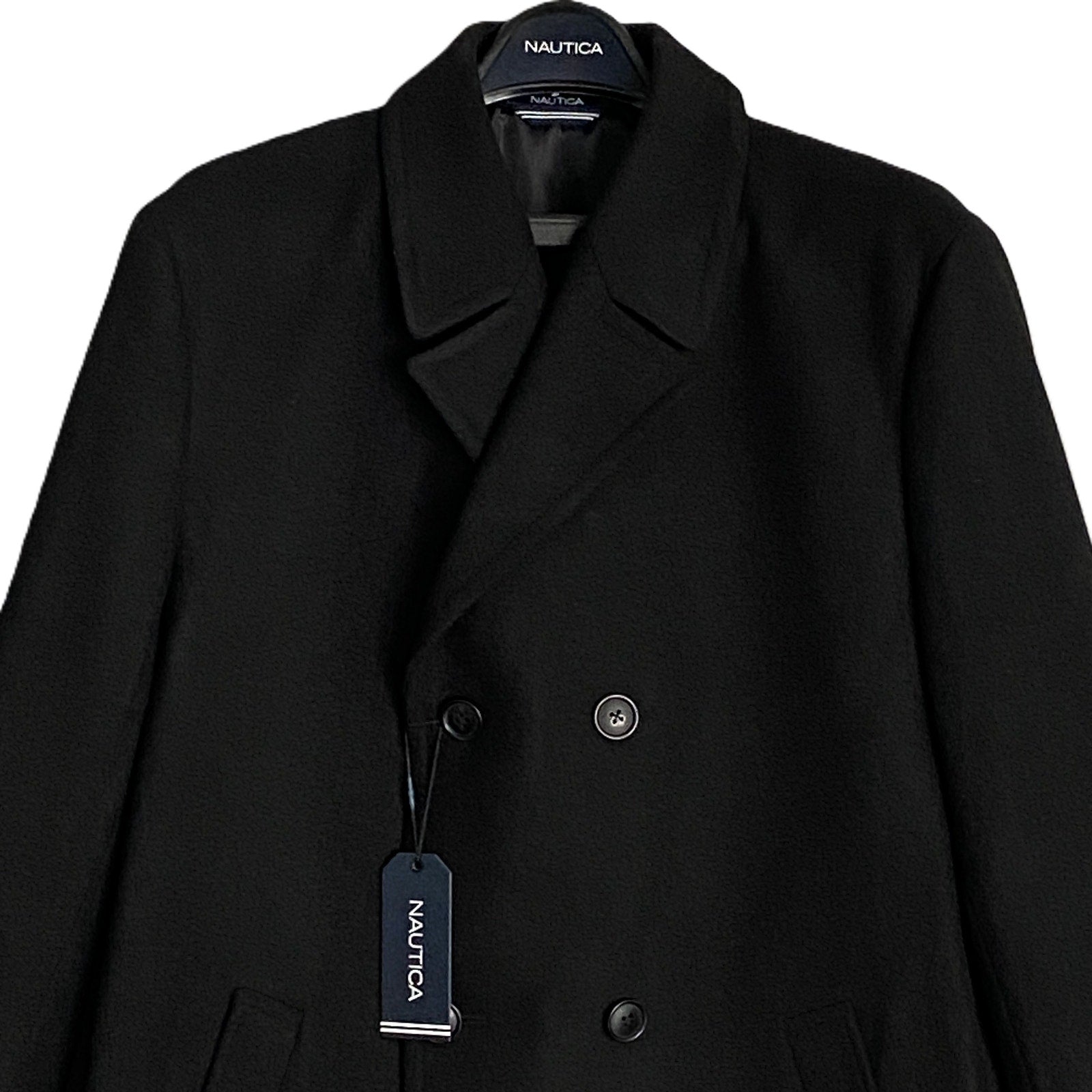 Nautica Overcoat Men's 48 Long Double-Breasted Coat Wool Blend Lined Black