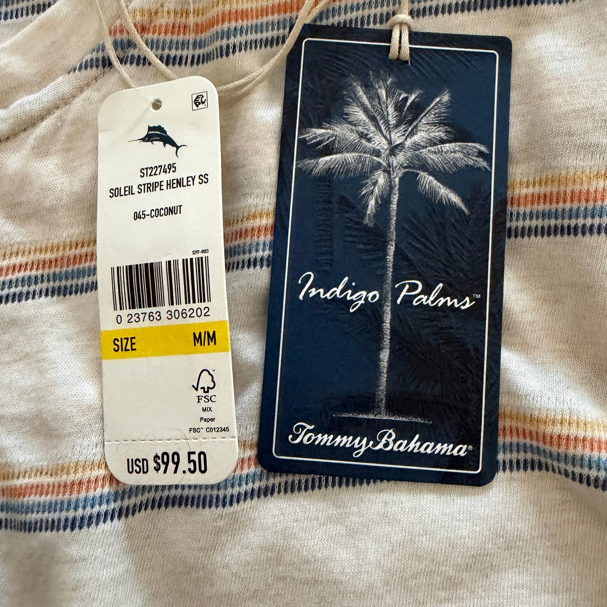Tommy Bahama Henley Men's Medium Short Sleeve "Soleil Stripe Henley" Coconut