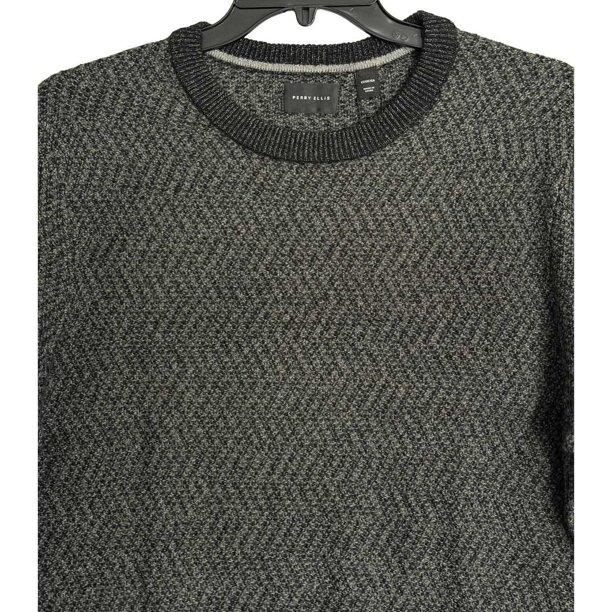 Perry Ellis Sweater Men's LT Big & Tall Yarn Herringbone Crew Neck Black