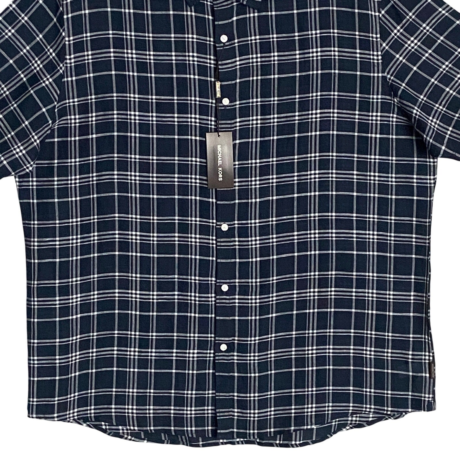 Michael Kors Men's XXL Slim Fit Short Sleeve Shirt Linen Dark Blue Check