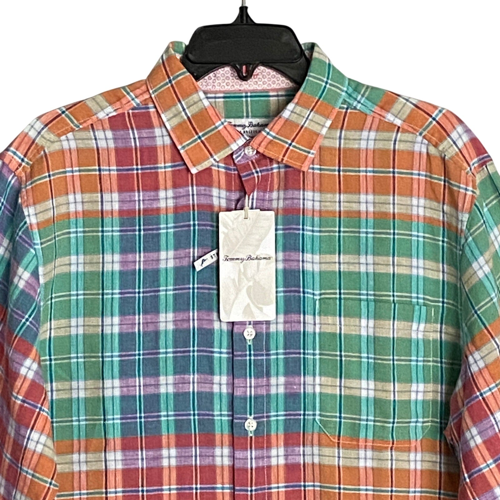 Tommy Bahama Shirt Men's Medium "Barbados Breeze Stretch" Plaid Linen Blend