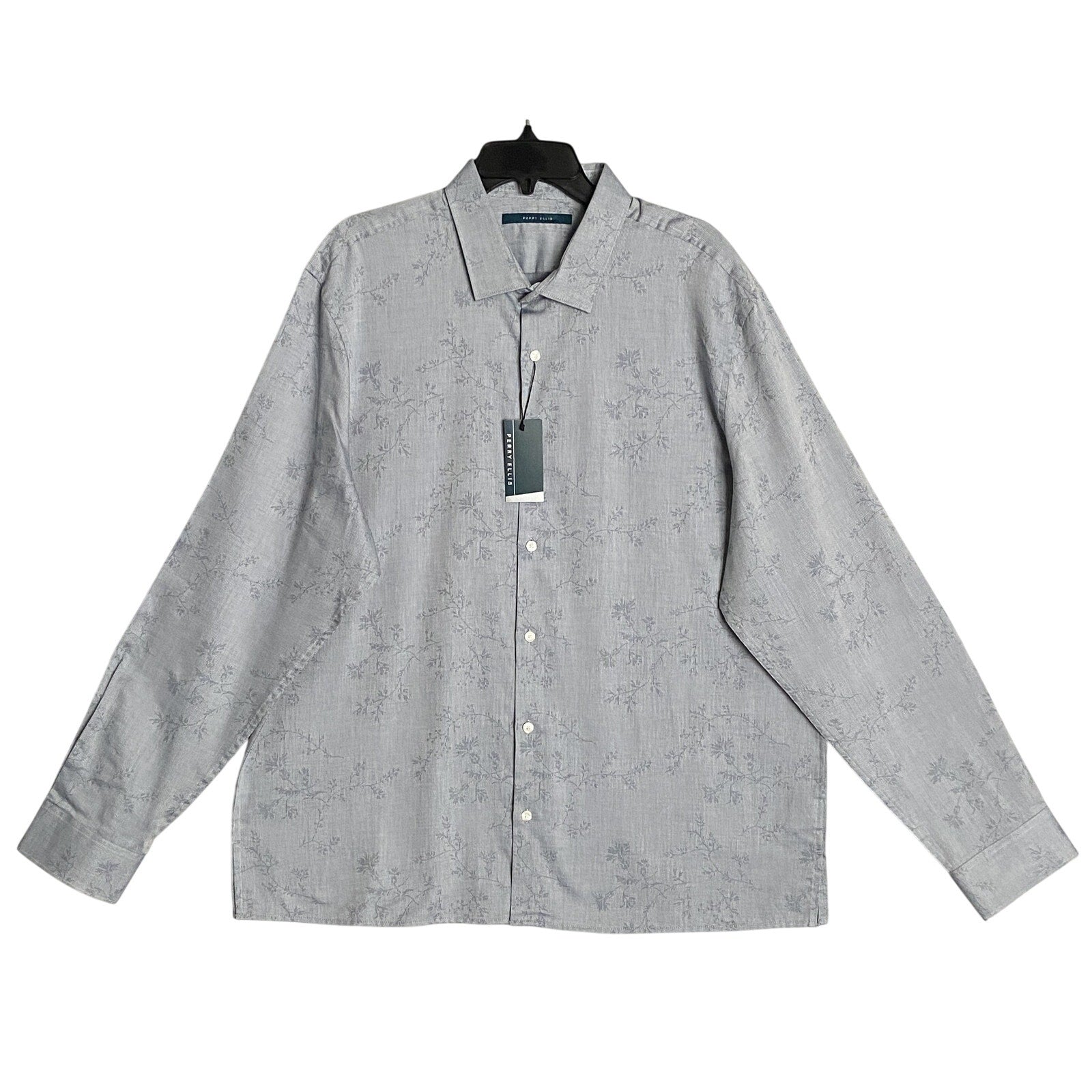 Perry Ellis Shirt Men's XXL Long Sleeve Button Up Shirt Grey Floral Pattern