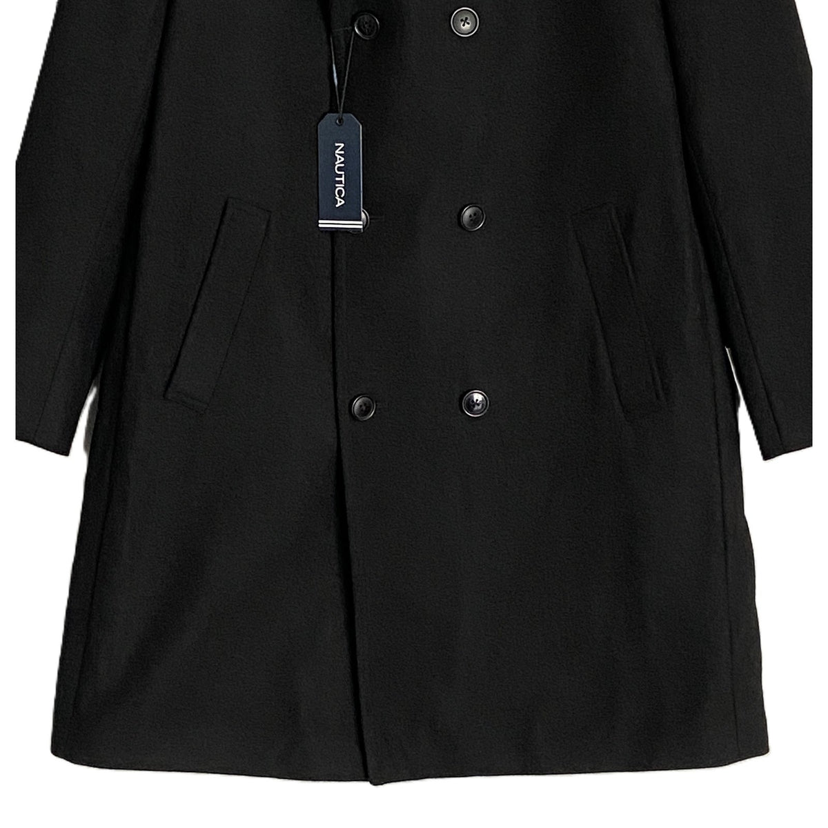 Nautica Overcoat Men's 44 Long Double-Breasted Wool Blend Lined Solid Black
