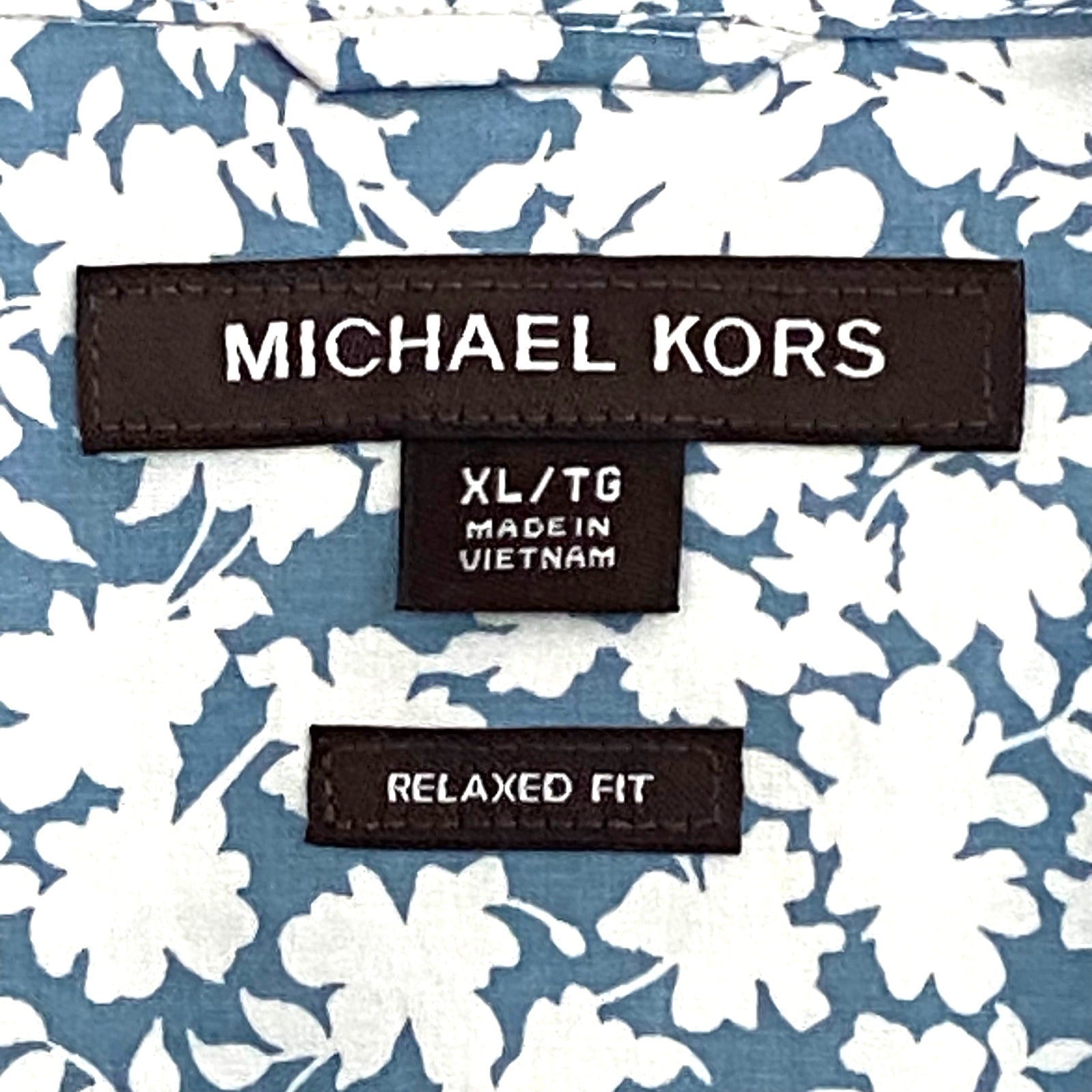Michael Kors Camp Shirt Men's XL Relaxed Fit Blue Chambray White Floral