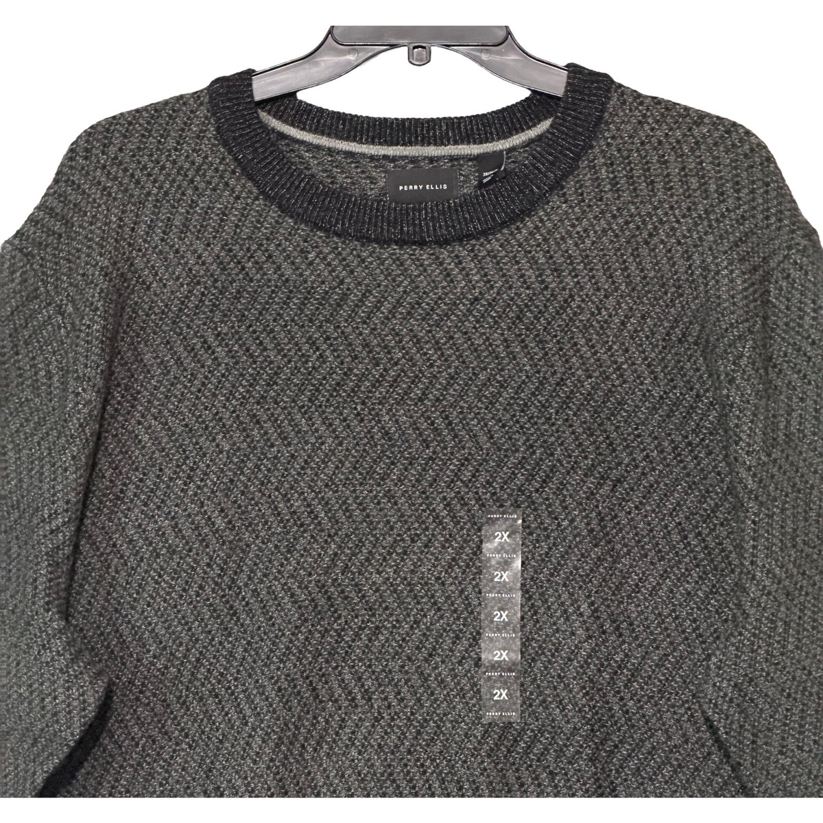 Perry Ellis Sweater Men's 2X Big & Tall Yarn Herringbone Crew Neck Black