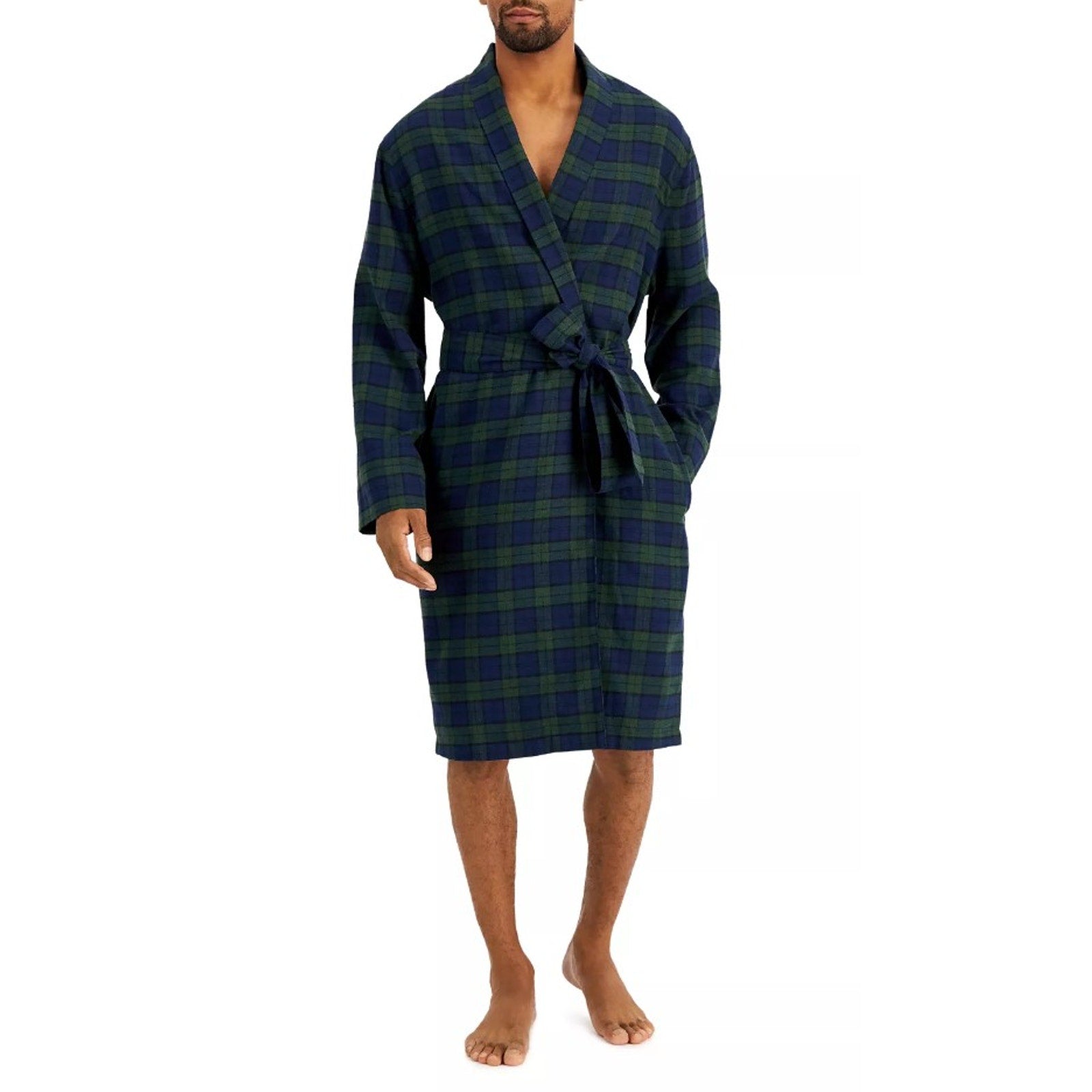 Club Room Men's Robe Size L/XL Plaid Shawl Collar Flannel Robe Navy/Green