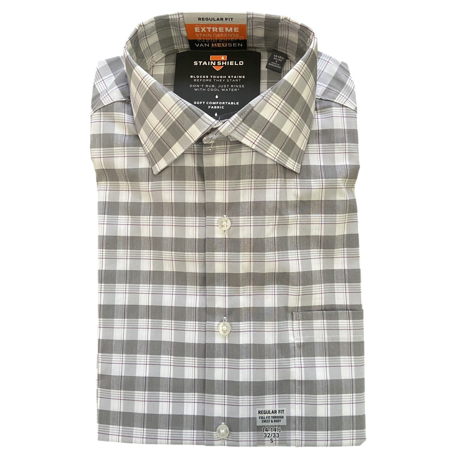 Van Heusen Shirt Men's Small 14-14.5 32/33 Regular Fit Stain Shield Stretch