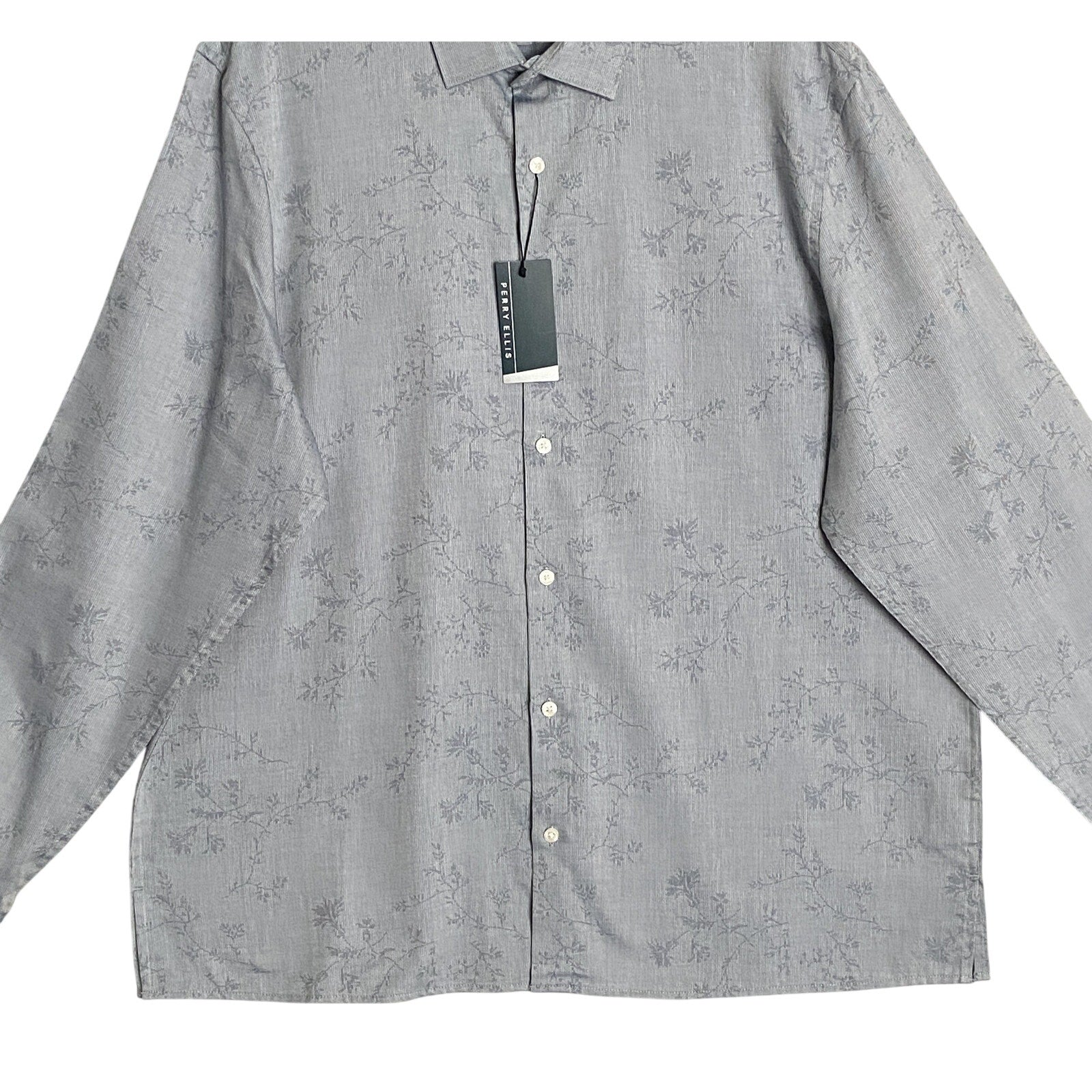 Perry Ellis Shirt Men's XXL Long Sleeve Button Up Shirt Grey Floral Pattern