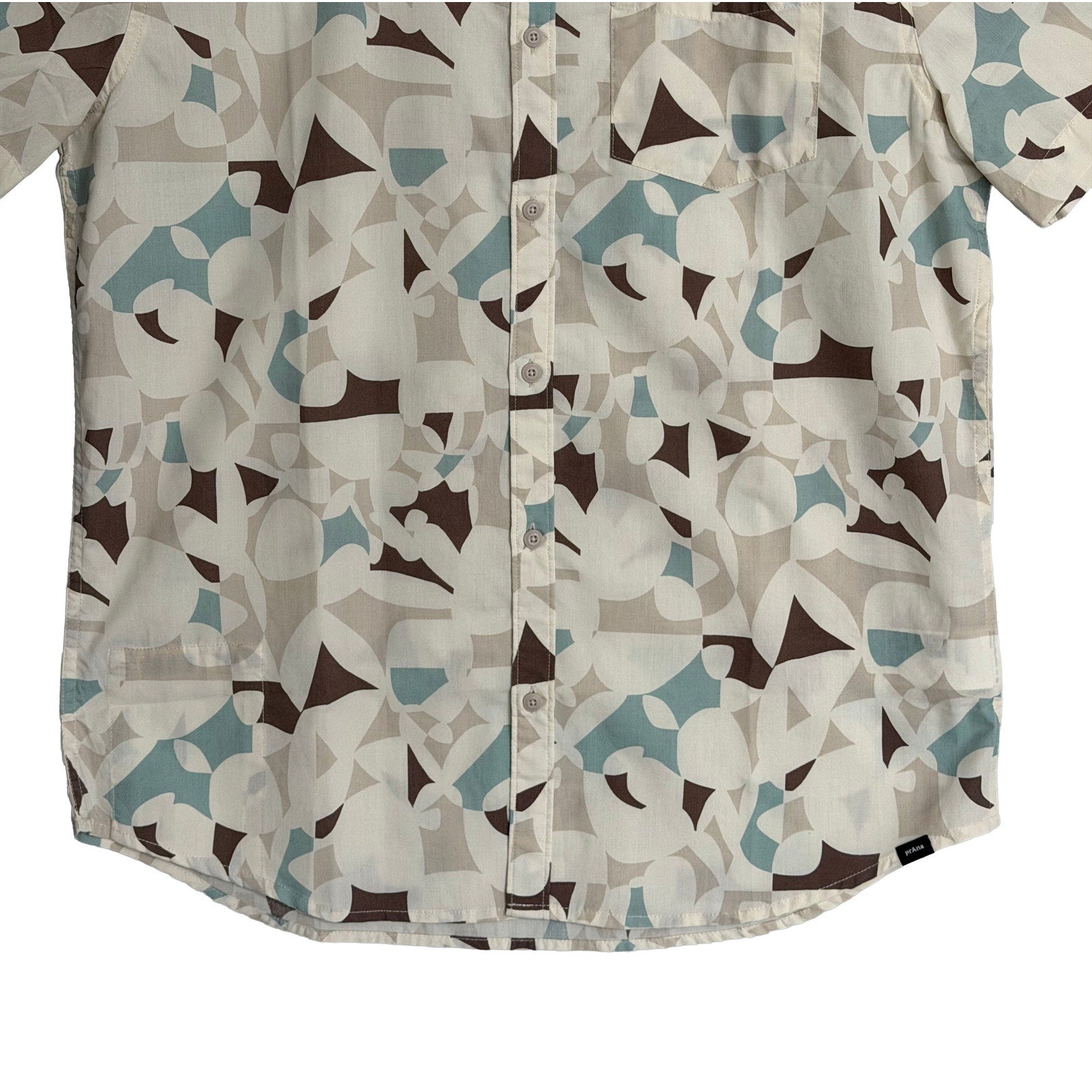 prAna Stimmersee Shirt Men's Large Slim Fit Short Sleeve Almond Geo