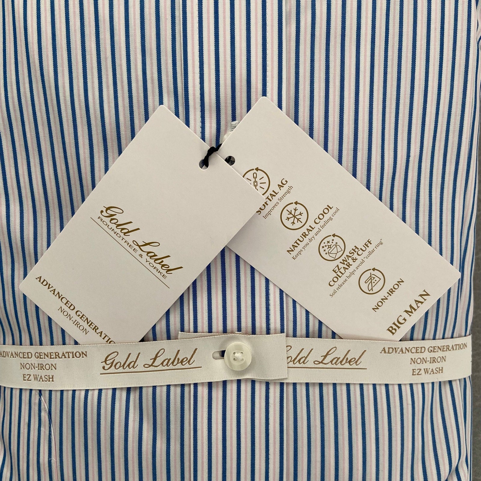 Roundtree & Yorke Shirt Big & Tall Men's 20 36/37 Blue/Pink Strp Dress Shirt