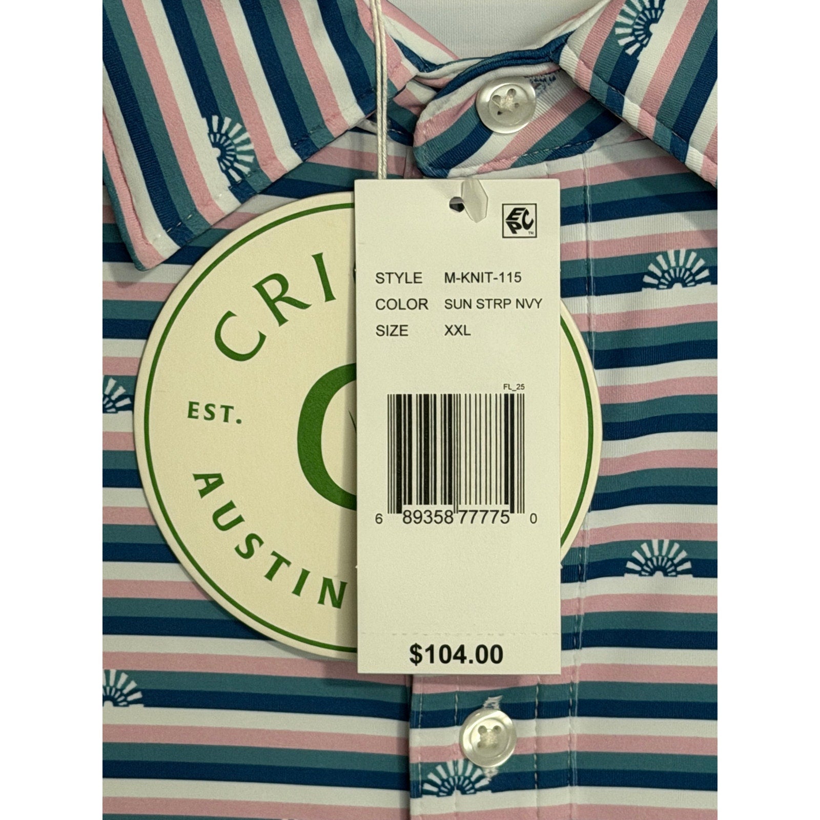 Criquet Polo Shirt Men's XXL Stretch Short Sleeve Sun Stripe Navy