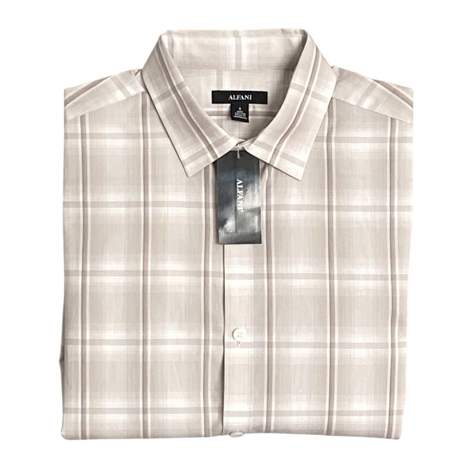 Alfani Dress Shirt Men's Small Button-Up Light Brown Window Pane Cotton