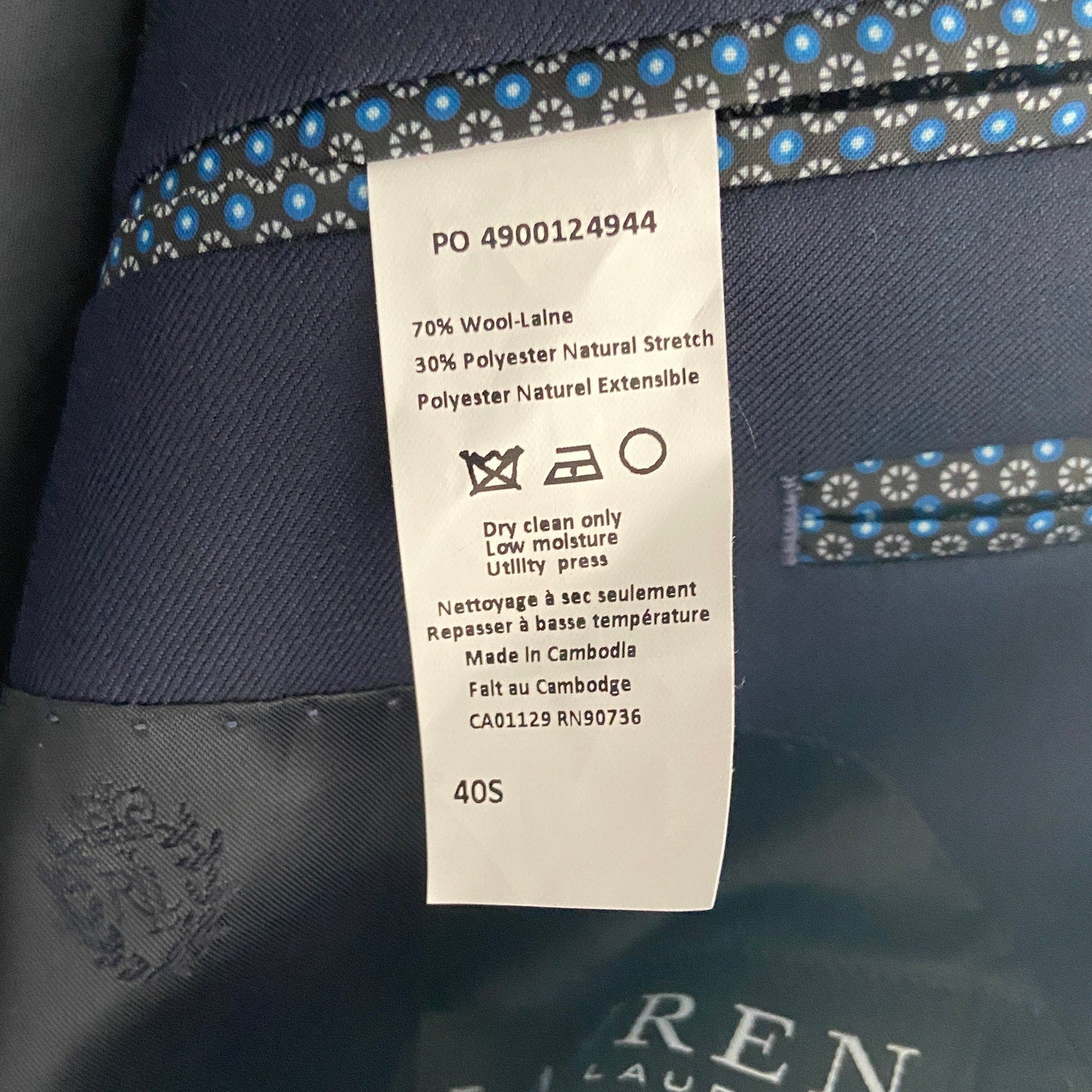 Lauren Ralph Lauren Suit Jacket Men's 40 Short Classic Fit Navy Blue Wool