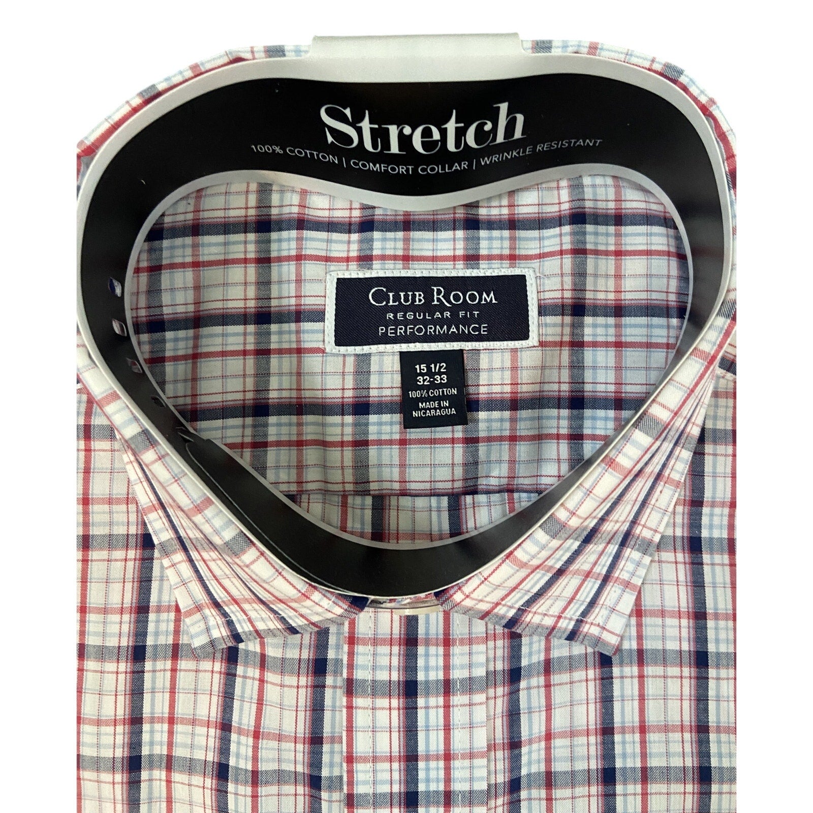 Club Room Dress Shirt Men's 15.5 32/33 Performance Regular Fit Stretch Plaid