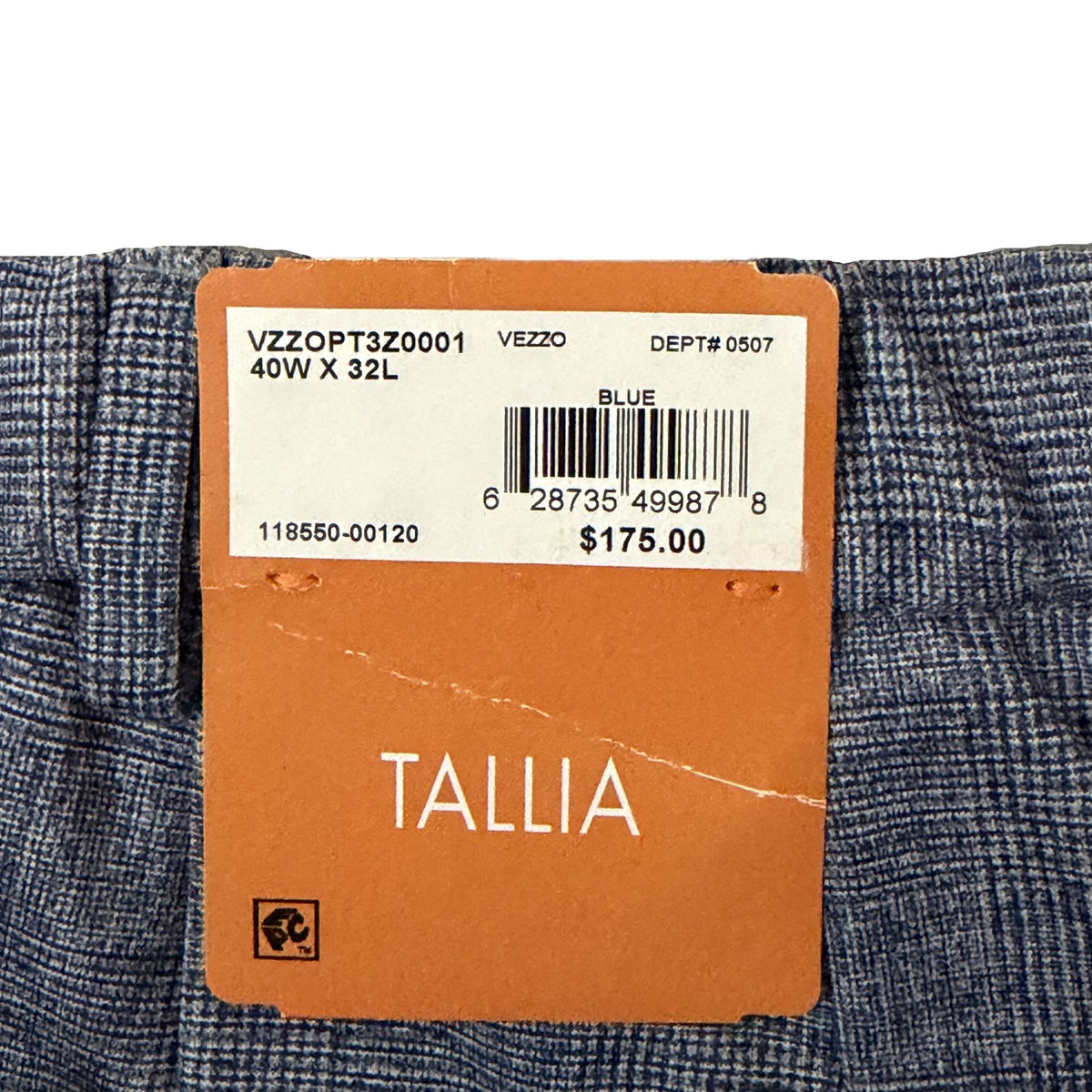 Tallia Orange Vezzo Suit Pant Men's 40"x32" Flat Front Stretch Blue Plaid