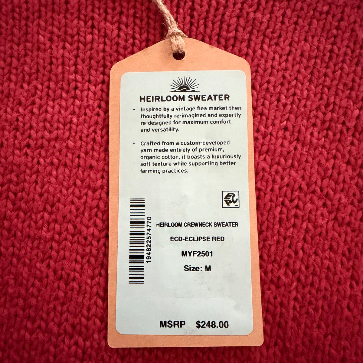 Faherty Heirloom Cotton Sweater Men's Medium Organic Cotton Crew Neck Red