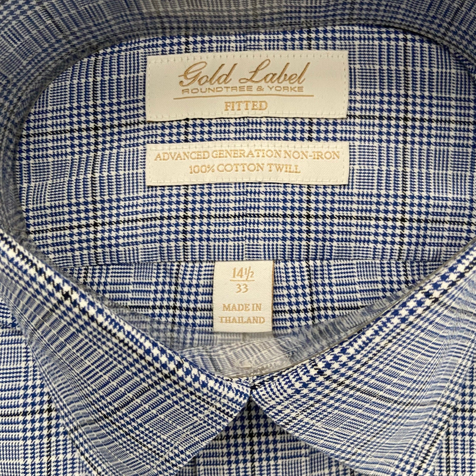 Roundtree & Yorke Shirt Men's 14.5 33 Fitted Cotton Twill Blue Plaid