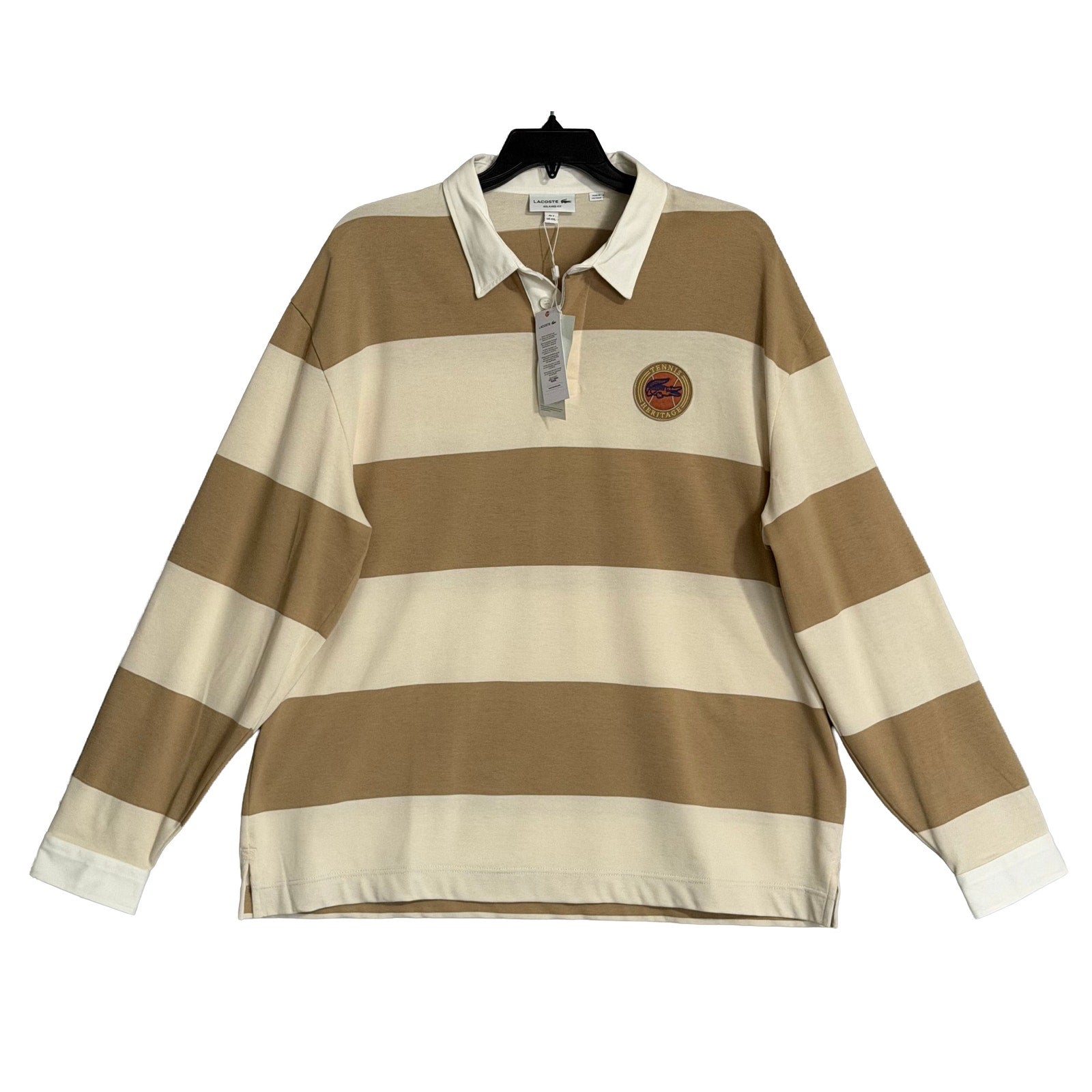 Lacoste Striped Rugby Polo Men's XXL Relaxed Fit Long Sleeve Beige