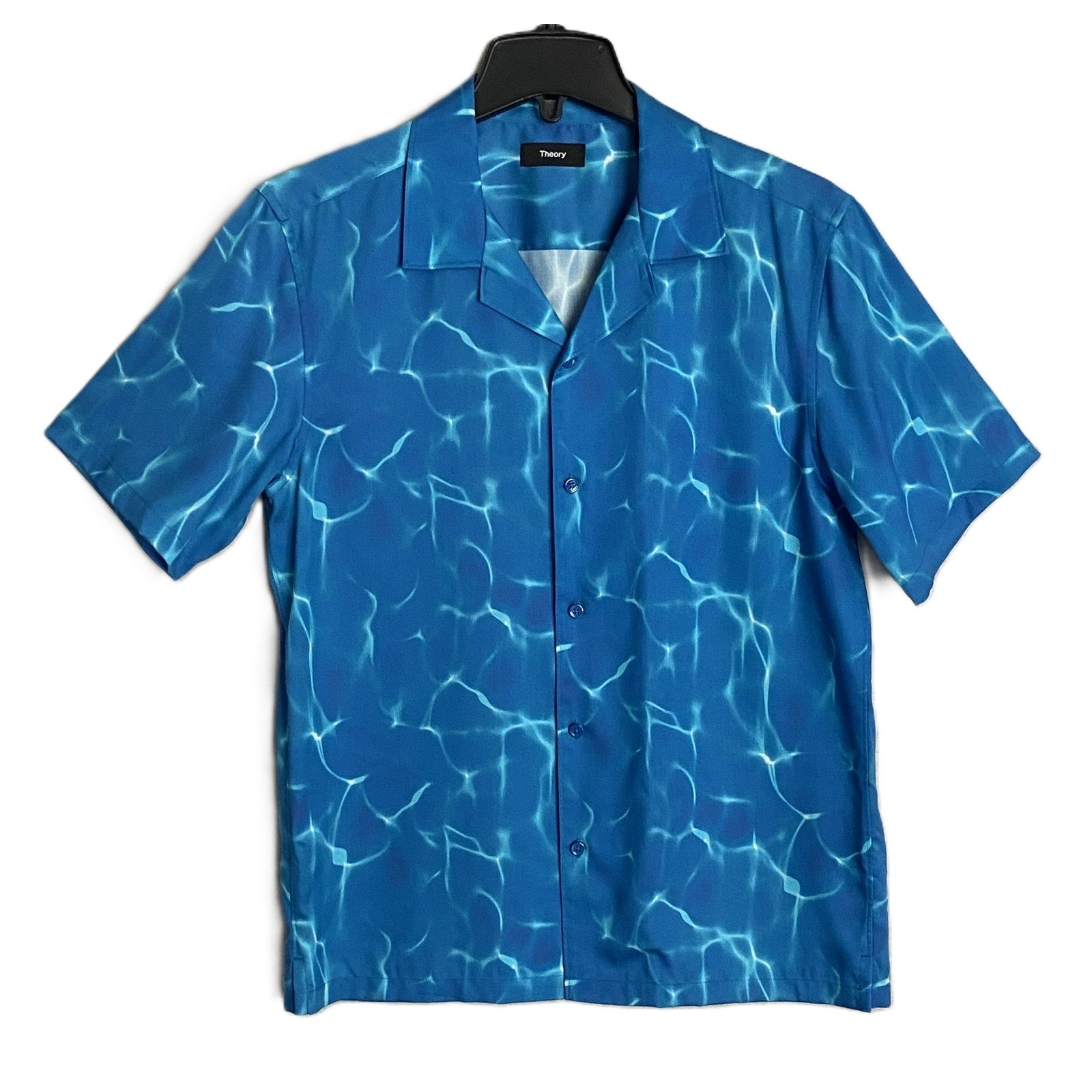 Theory Men's Medium Short Sleeve Shirt Camp Collar Blue Ripple Print