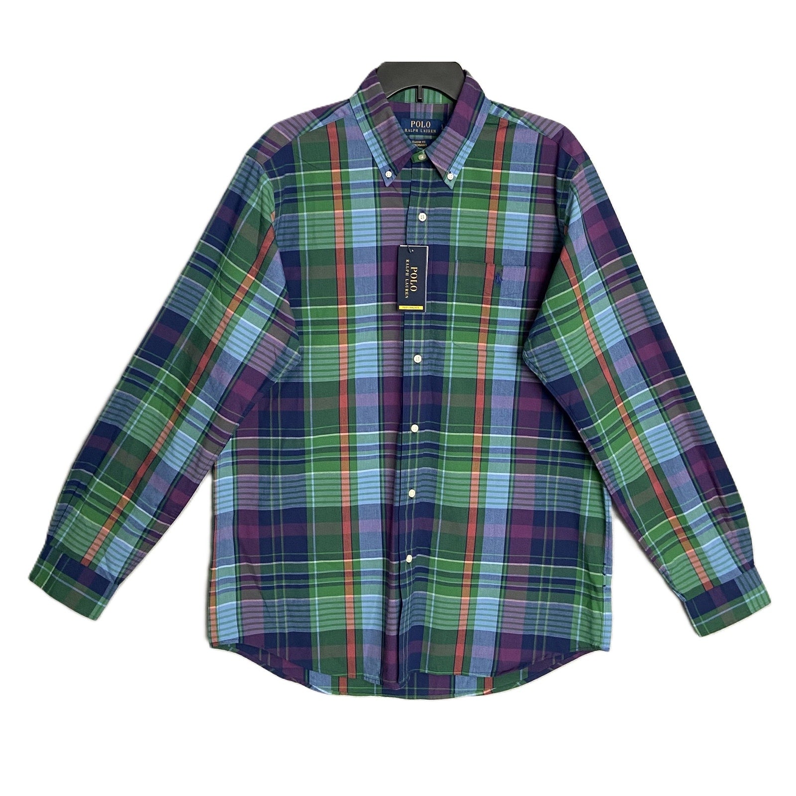 Polo Ralph Lauren Shirt Men's Large Classic Fit Performance Green/Navy Plaid