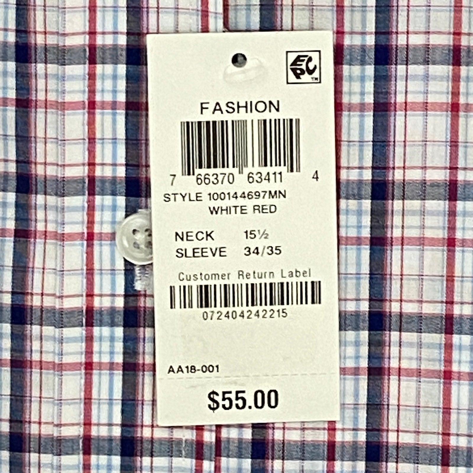 Club Room Dress Shirt Men's 15.5 34/35 Long Sleeve Cotton Plaid White Red Gray