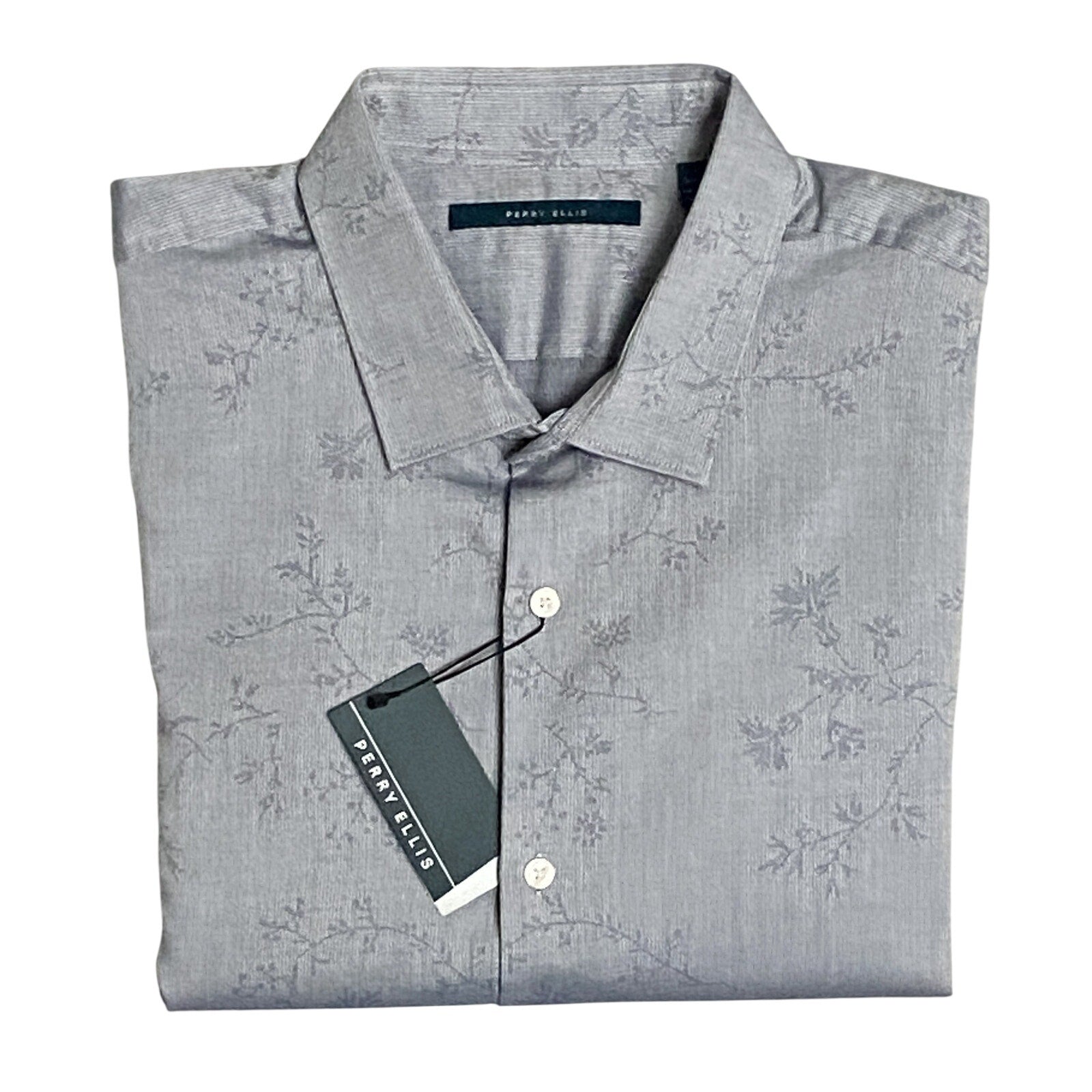 Perry Ellis Shirt Men's XXL Long Sleeve Button Up Shirt Grey Floral Pattern