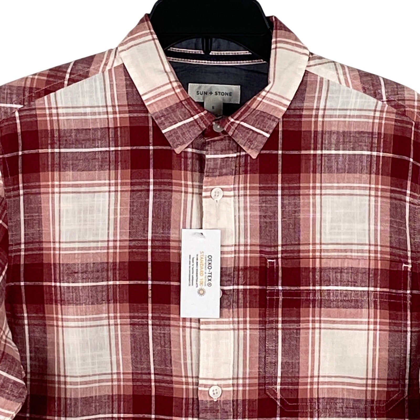 Sun + Stone Shirt Men's Small Woven Long Sleeve Button Up Raspberry Plaid