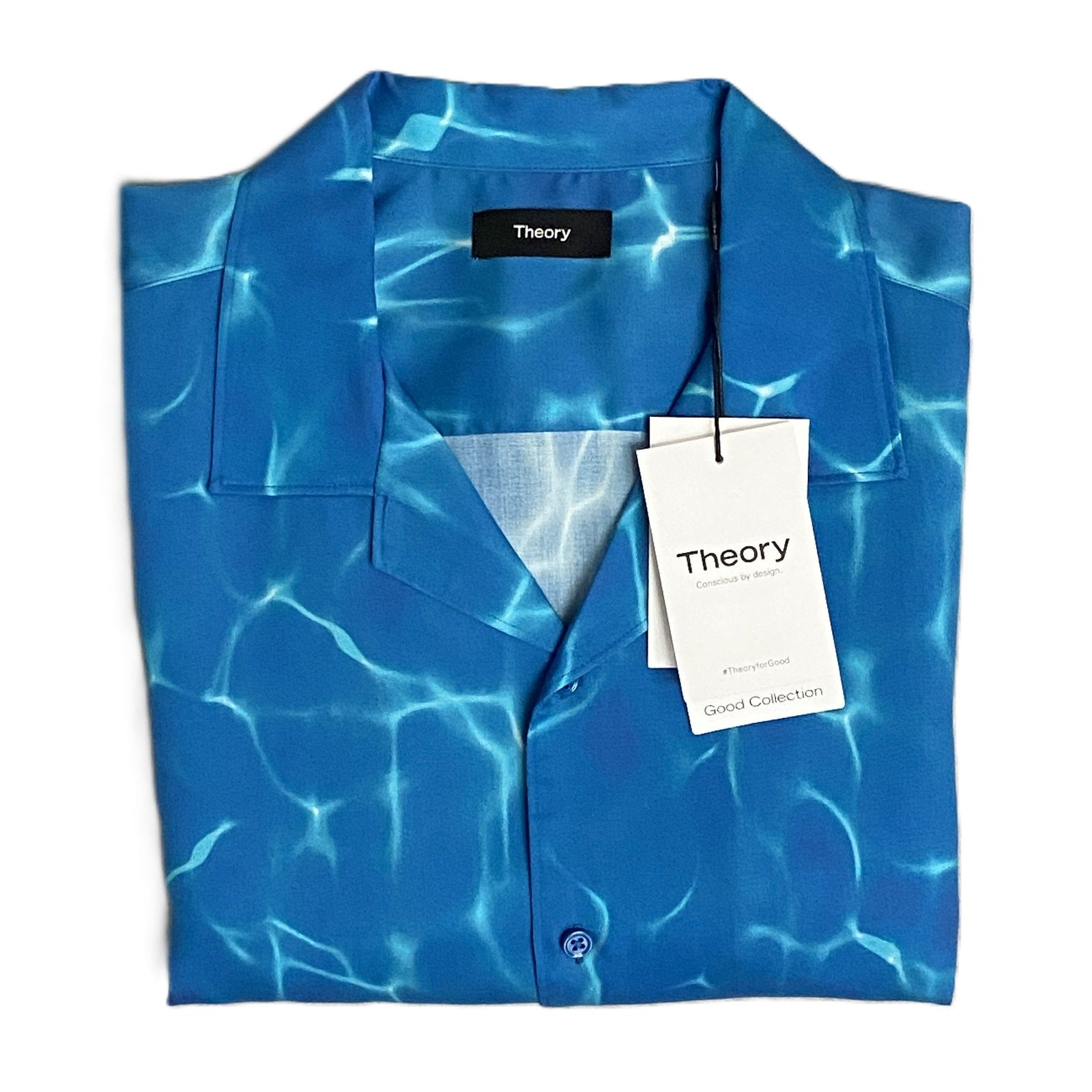 Theory Men's Medium Short Sleeve Shirt Camp Collar Blue Ripple Print