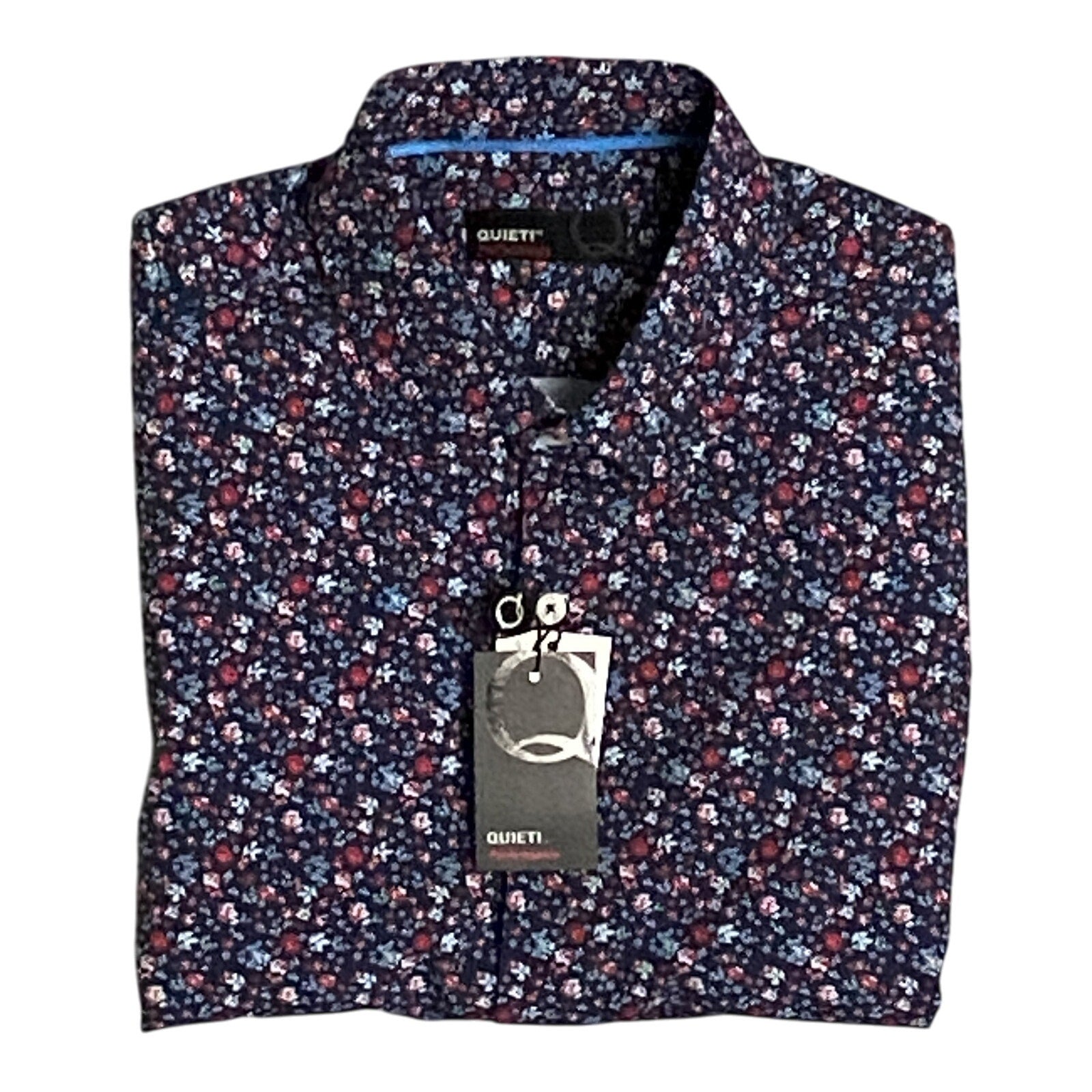 Quieti Performance Men's Shirt Small Short Sleeve Button-Up Navy Blue Floral