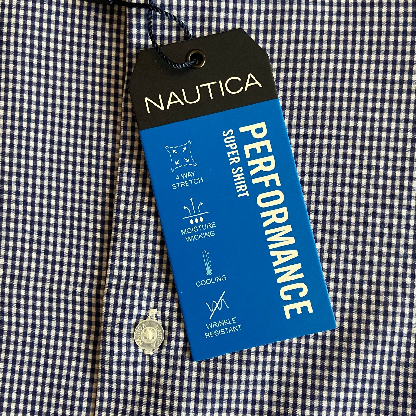 Nautica Dress Shirt Men's 14-14.5 32/33 Performance Slim Fit Blue White Ck