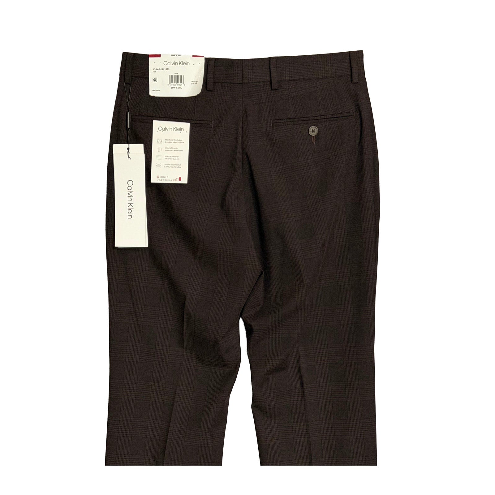 Calvin Klein Dress Pant Men's 30"x30" Slim Fit Flat Front Stretch Wine Plaid