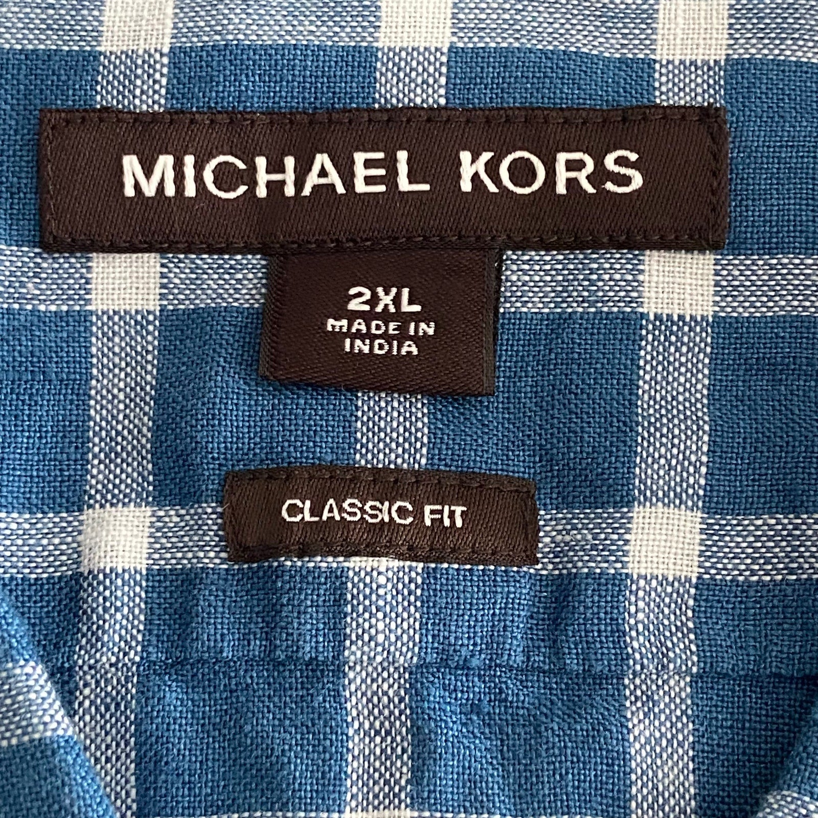 Michael Kors Men's XXL Classic Fit Linen Shirt Blue Check Long Sleeve