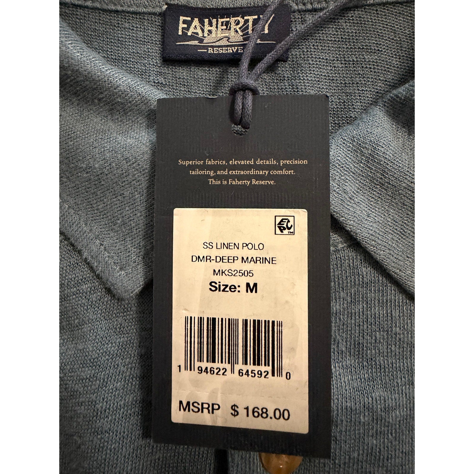 Faherty Polo Shirt Men's Medium Reserve Short Sleeve Linen Deep Marine Blue